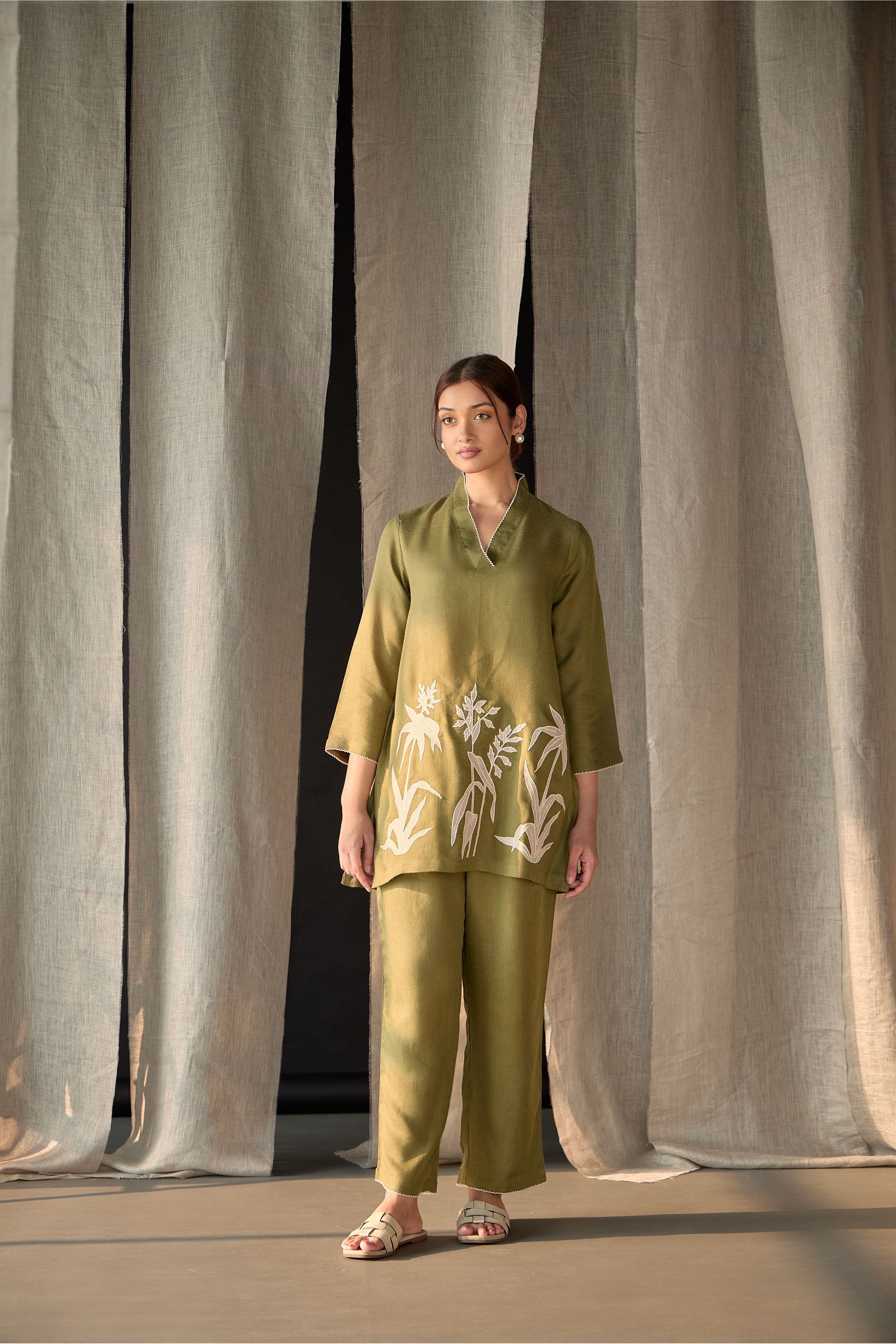 Olive Applique Linen Co-ord Set - Mokshaa