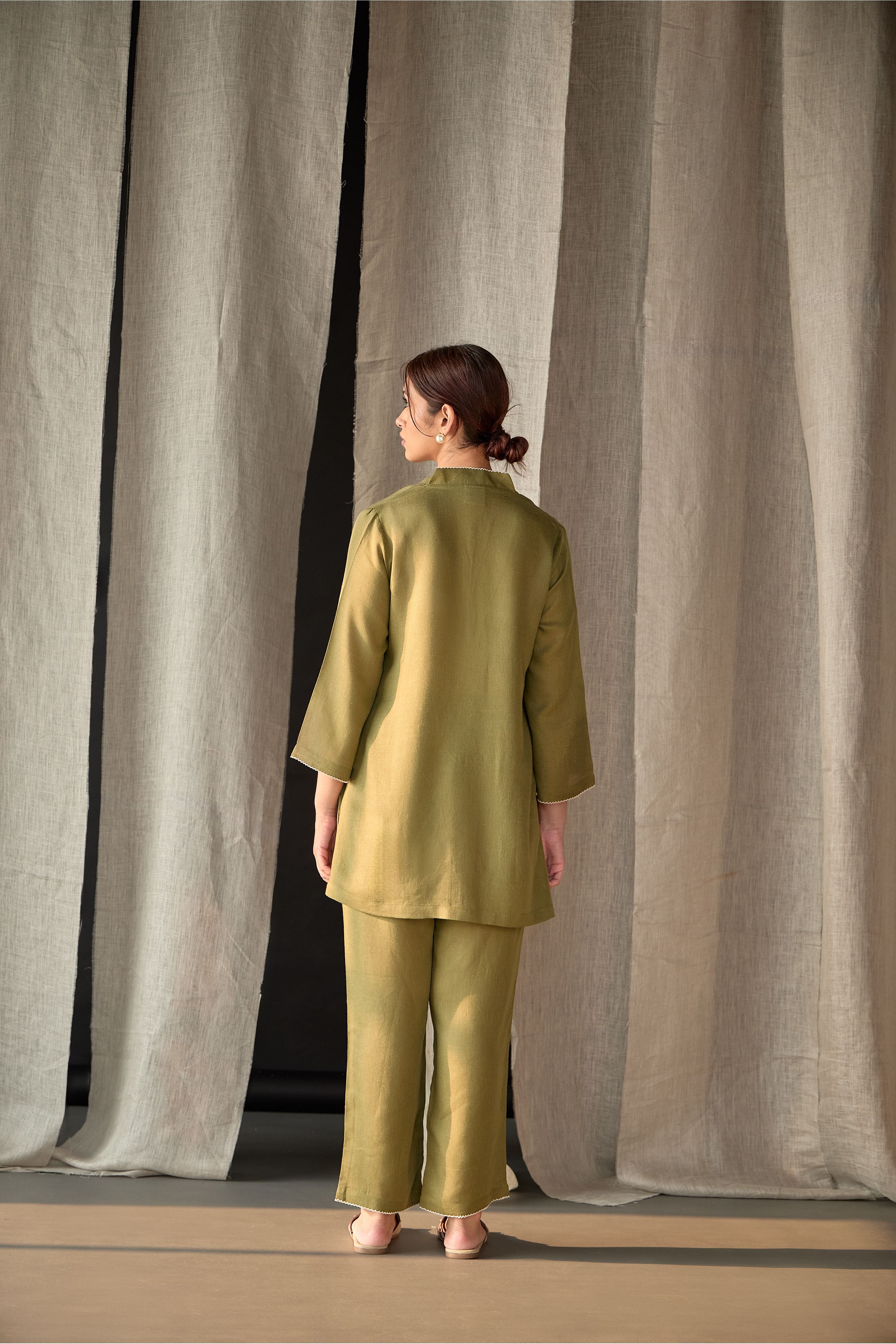 Olive Applique Linen Co-ord Set - Mokshaa
