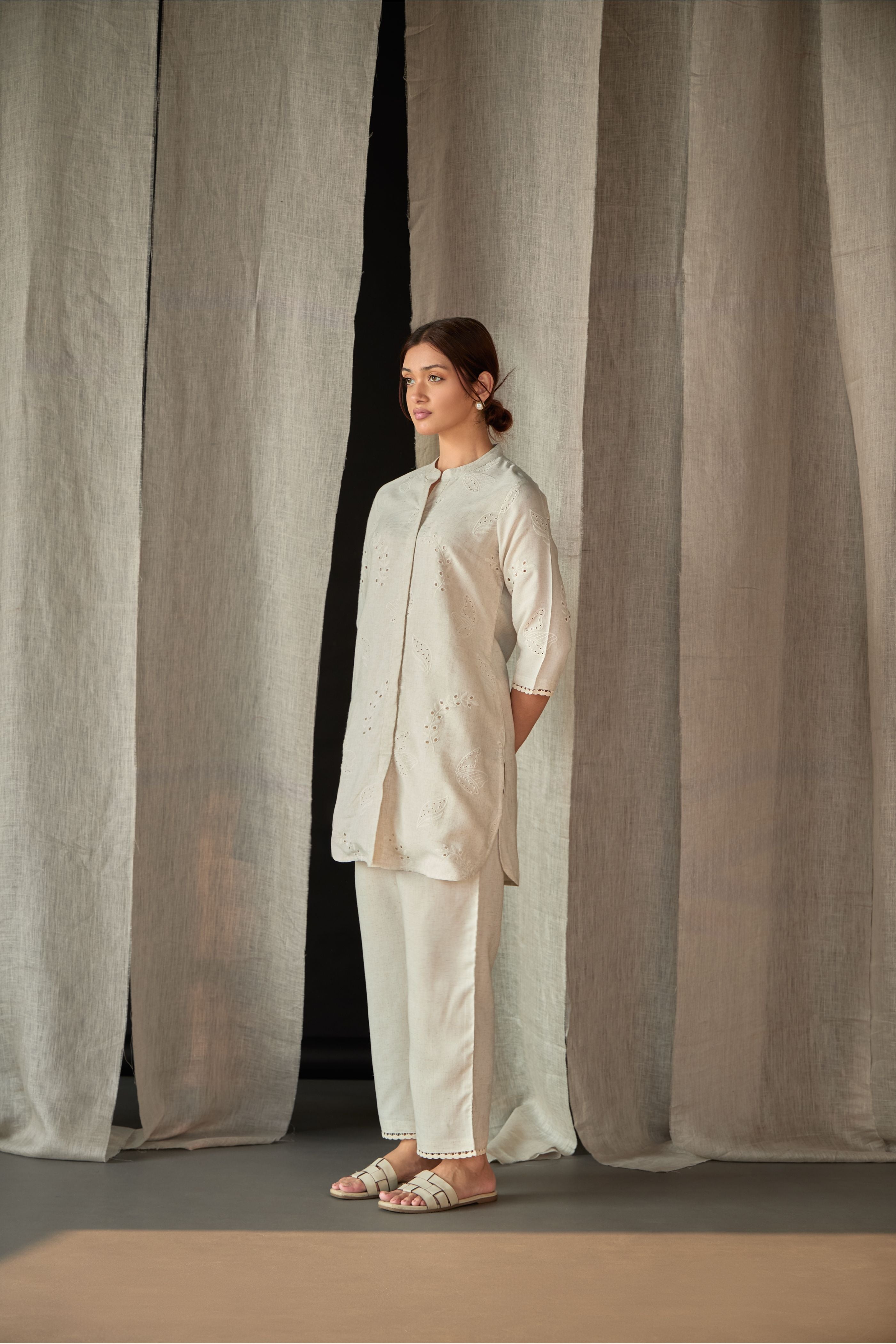 Natural Linen Schiffli Cutwork Co-ord Set - Mokshaa