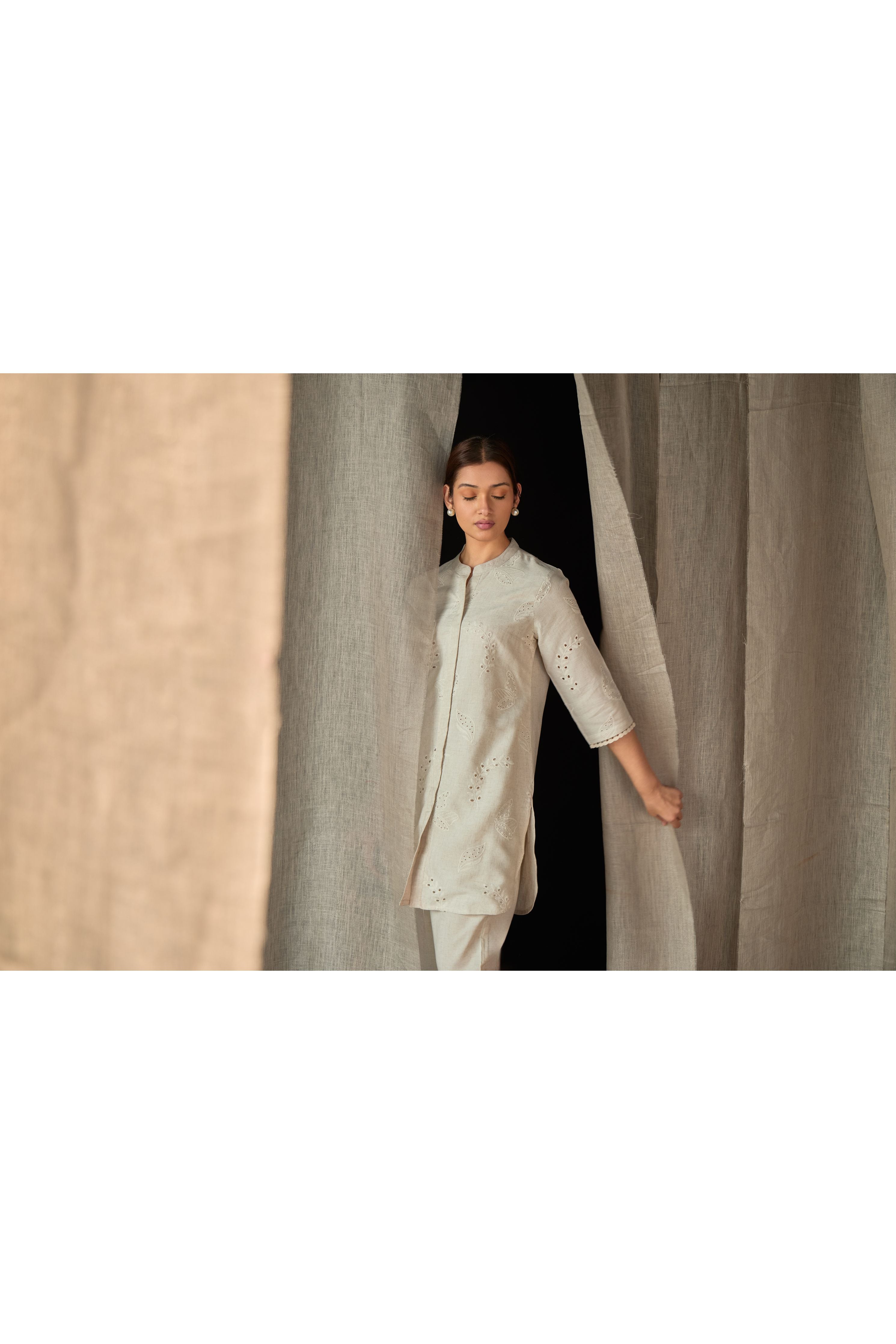 Natural Linen Schiffli Cutwork Co-ord Set - Mokshaa