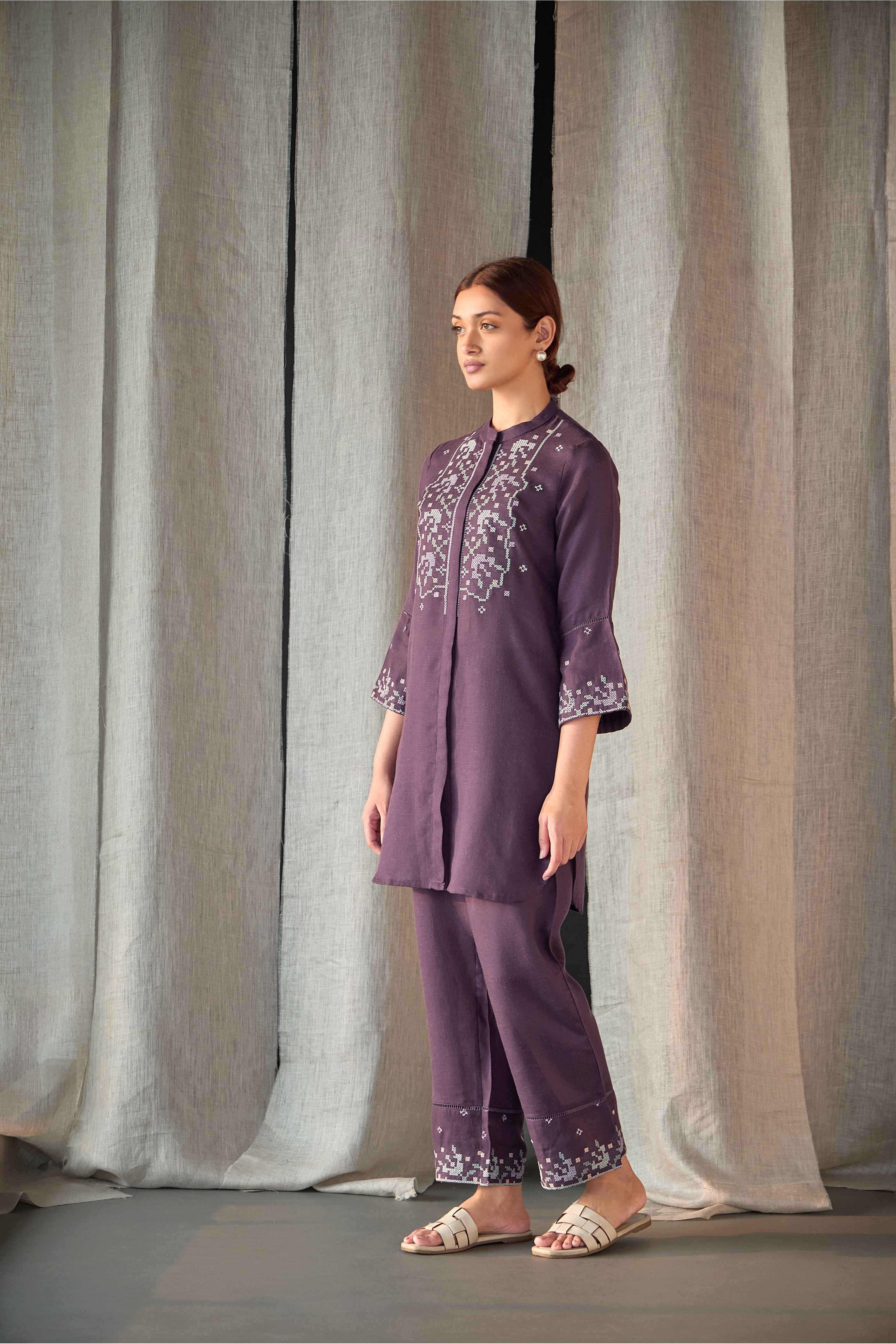 Grape Linen Cross-Stitch Co-ord Set - Mokshaa