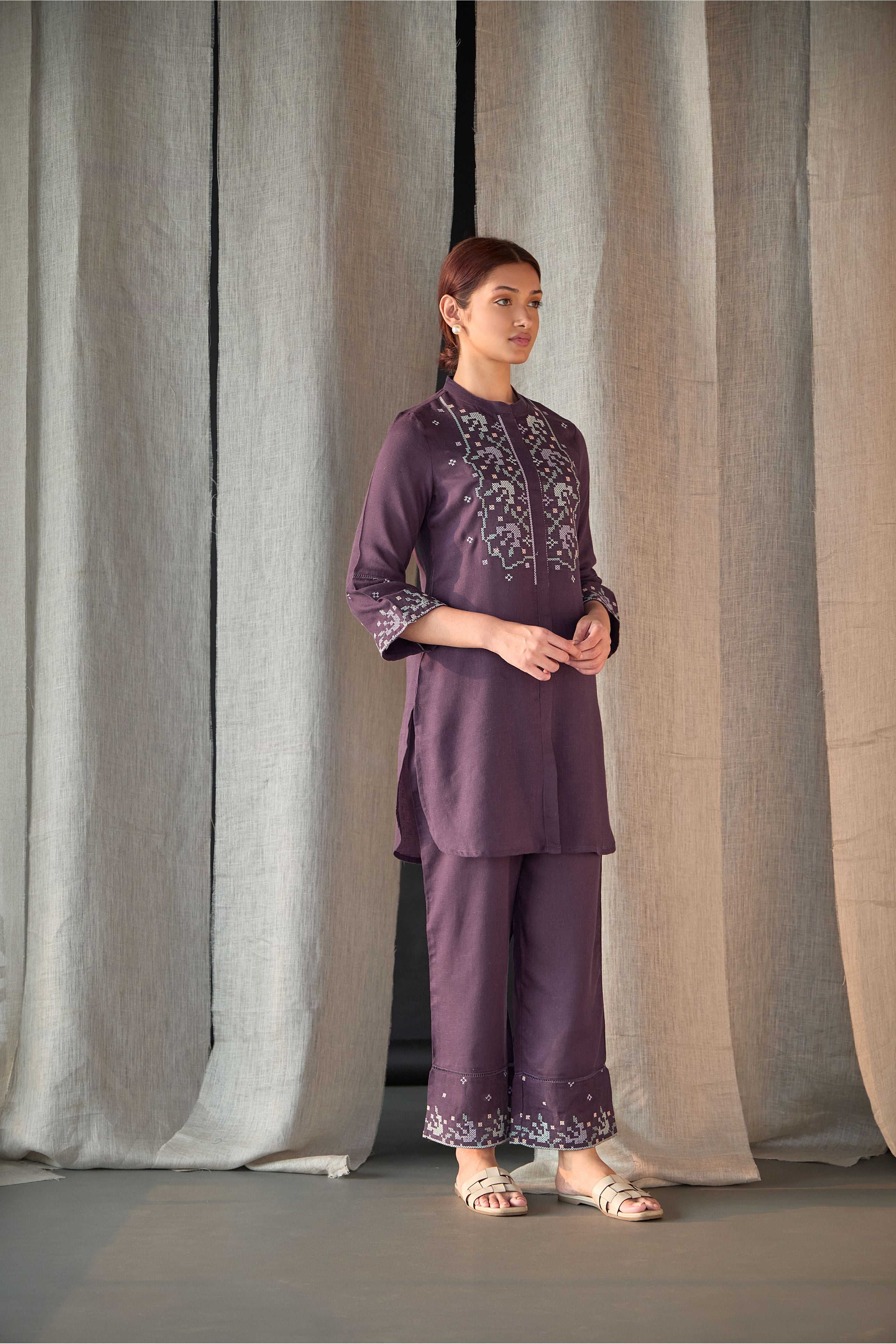 Grape Linen Cross-Stitch Co-ord Set - Mokshaa