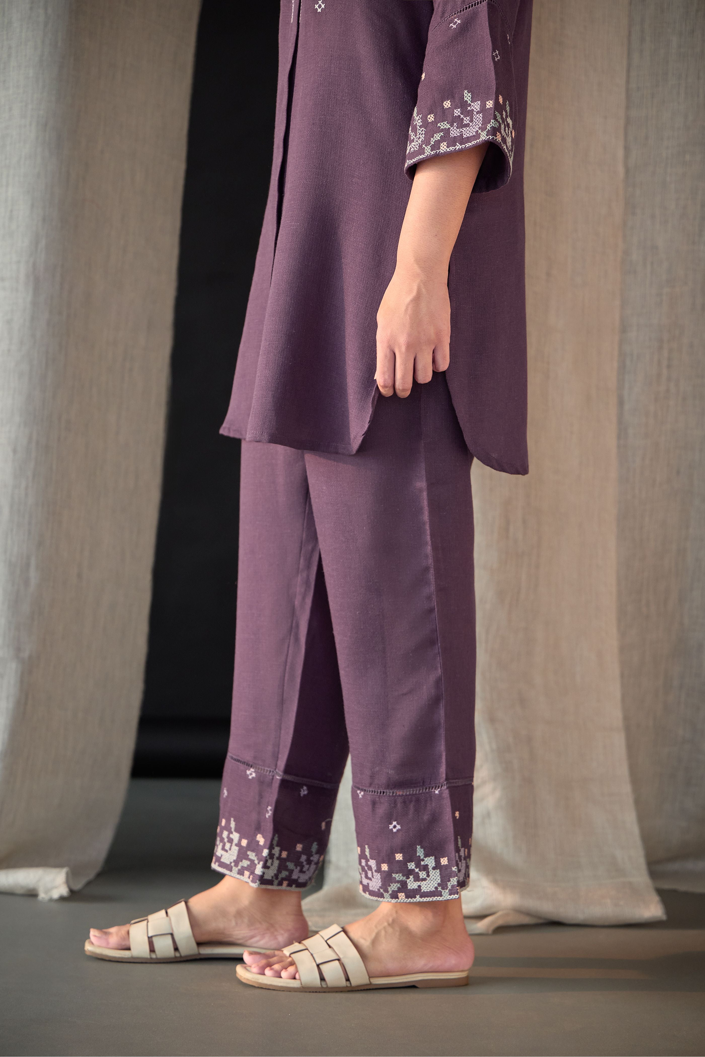 Grape Linen Cross-Stitch Co-ord Set - Mokshaa