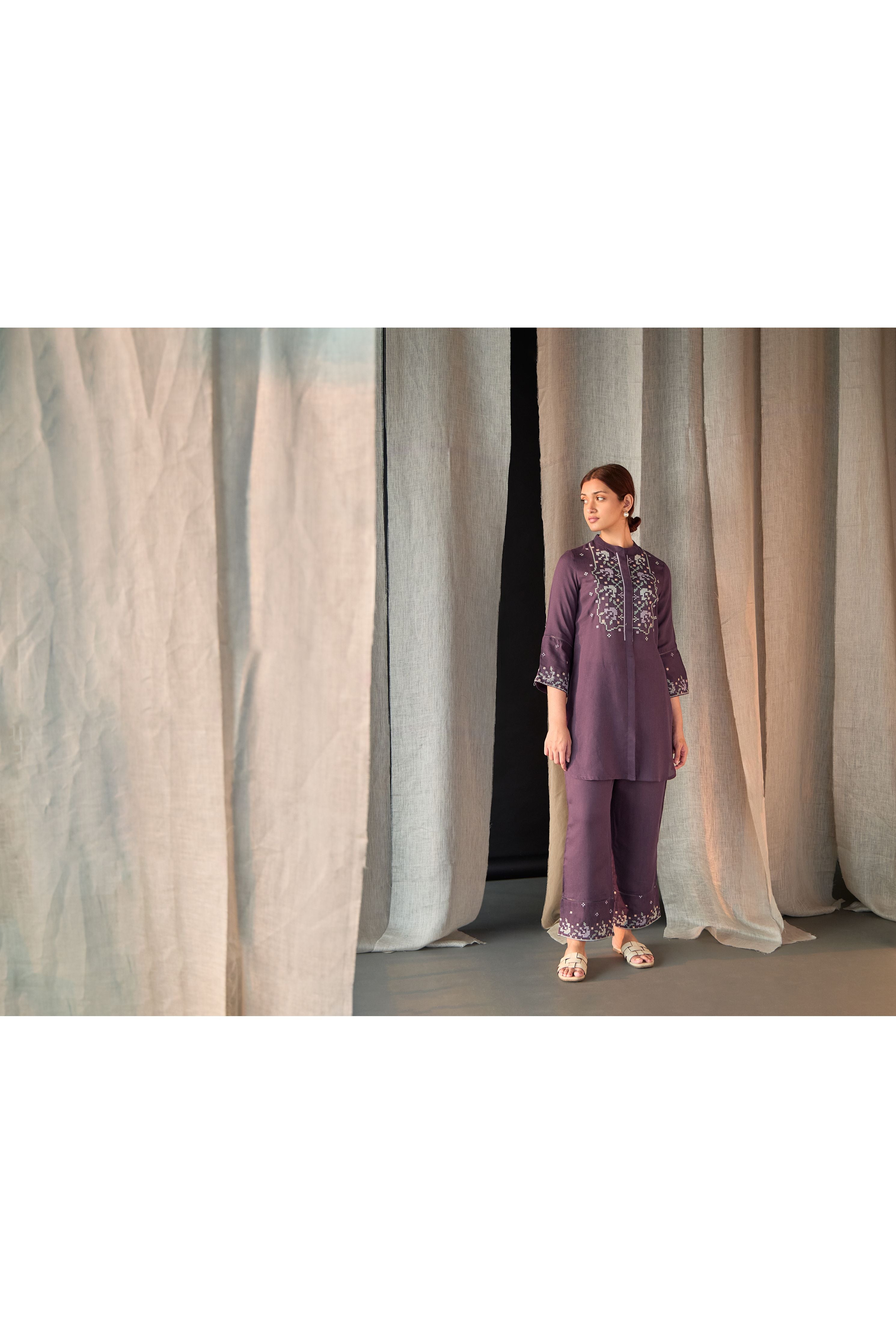 Grape Linen Cross-Stitch Co-ord Set - Mokshaa