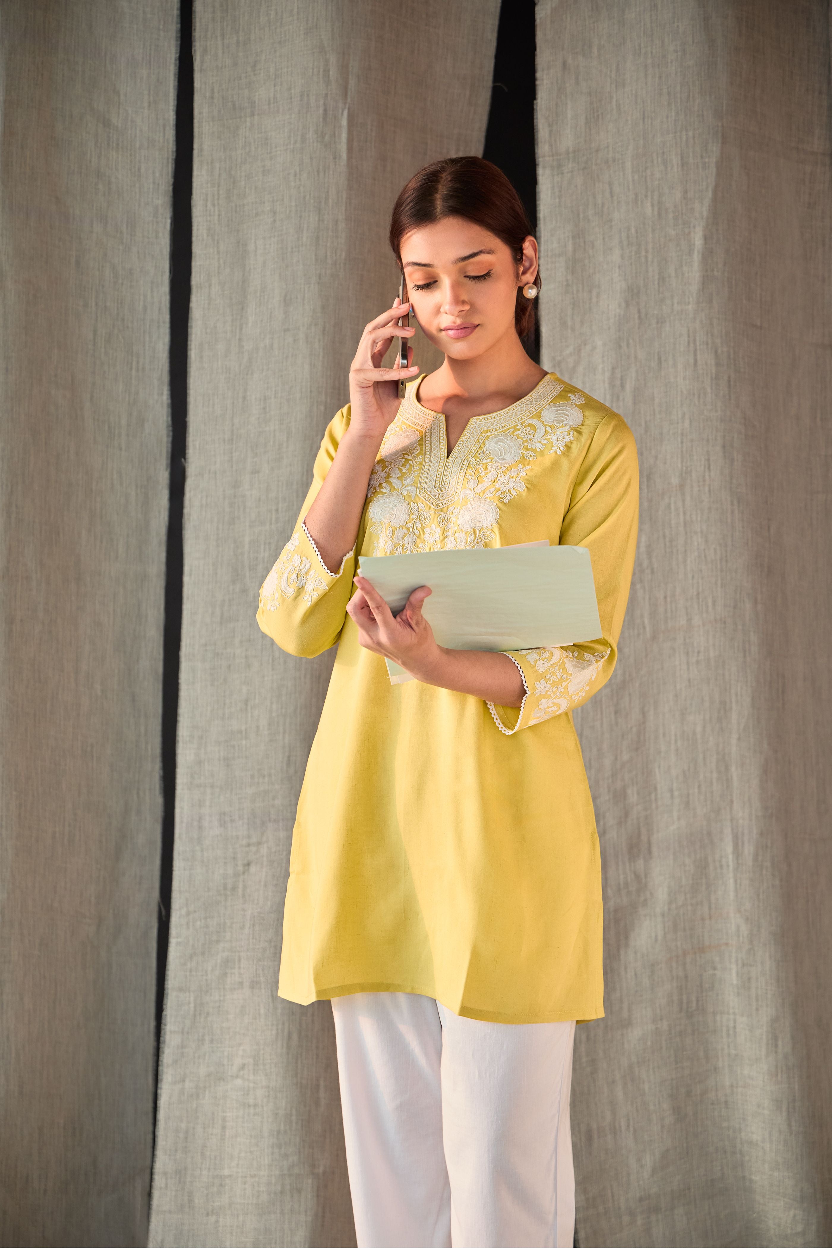 Yellow Yoke Embroidered Co-ord Set - Mokshaa