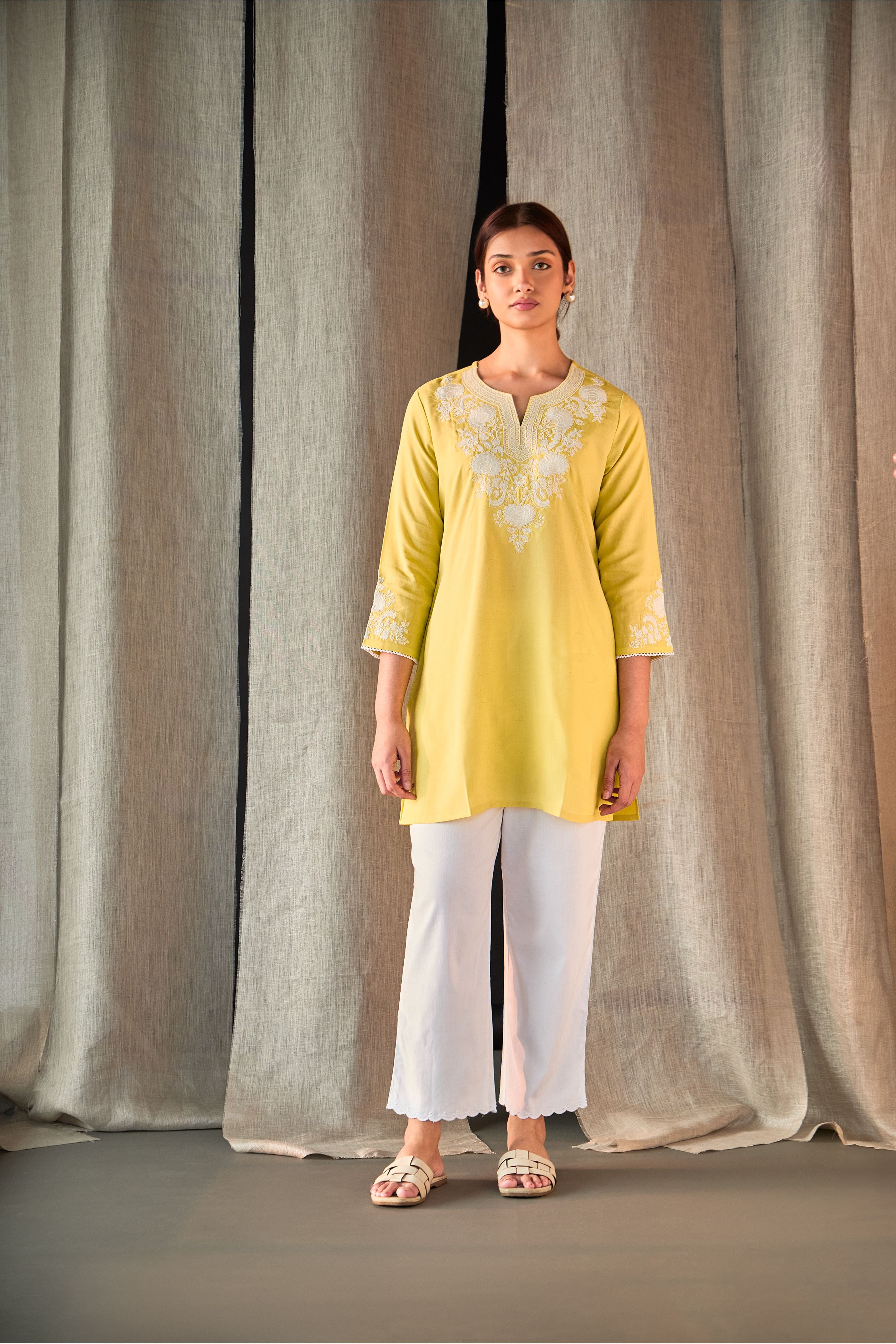 Yellow Yoke Embroidered Co-ord Set - Mokshaa