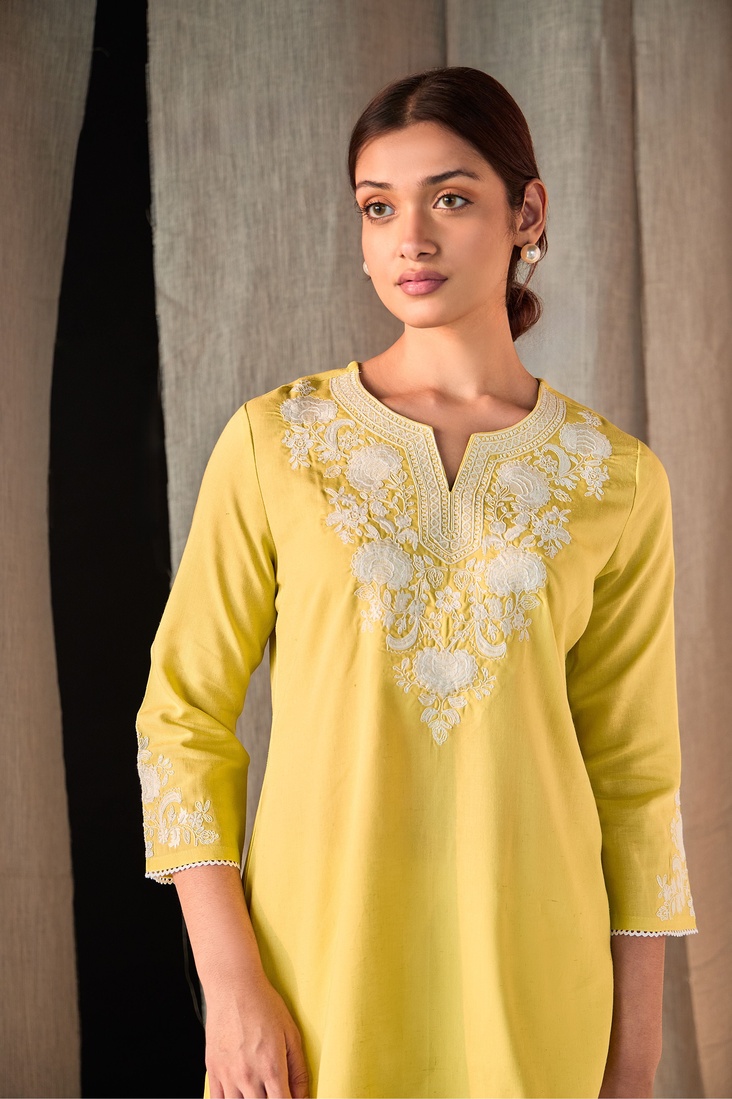 Yellow Yoke Embroidered Co-ord Set - Mokshaa