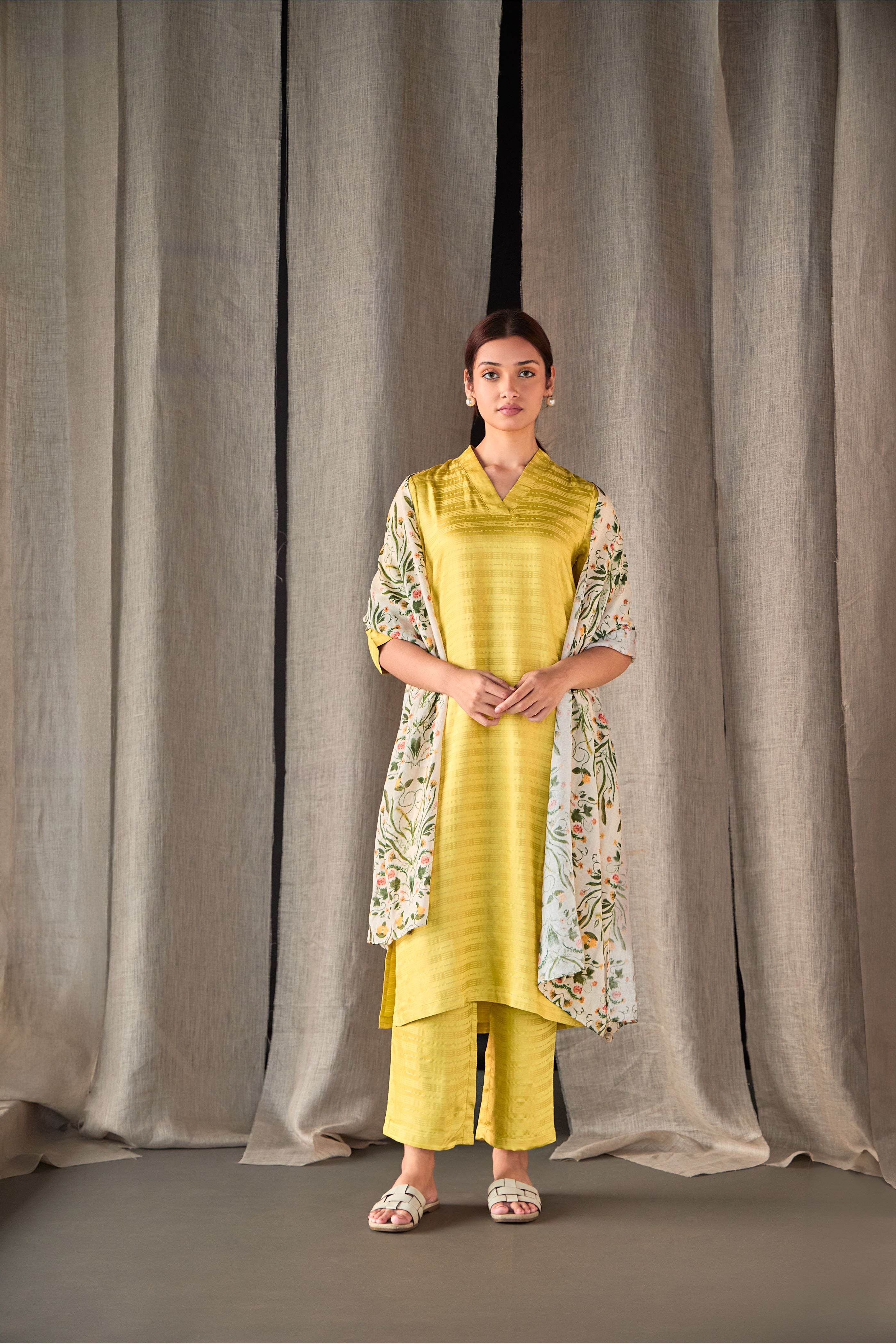 Yellow Tencel Kurta Set with Odhani - Mokshaa