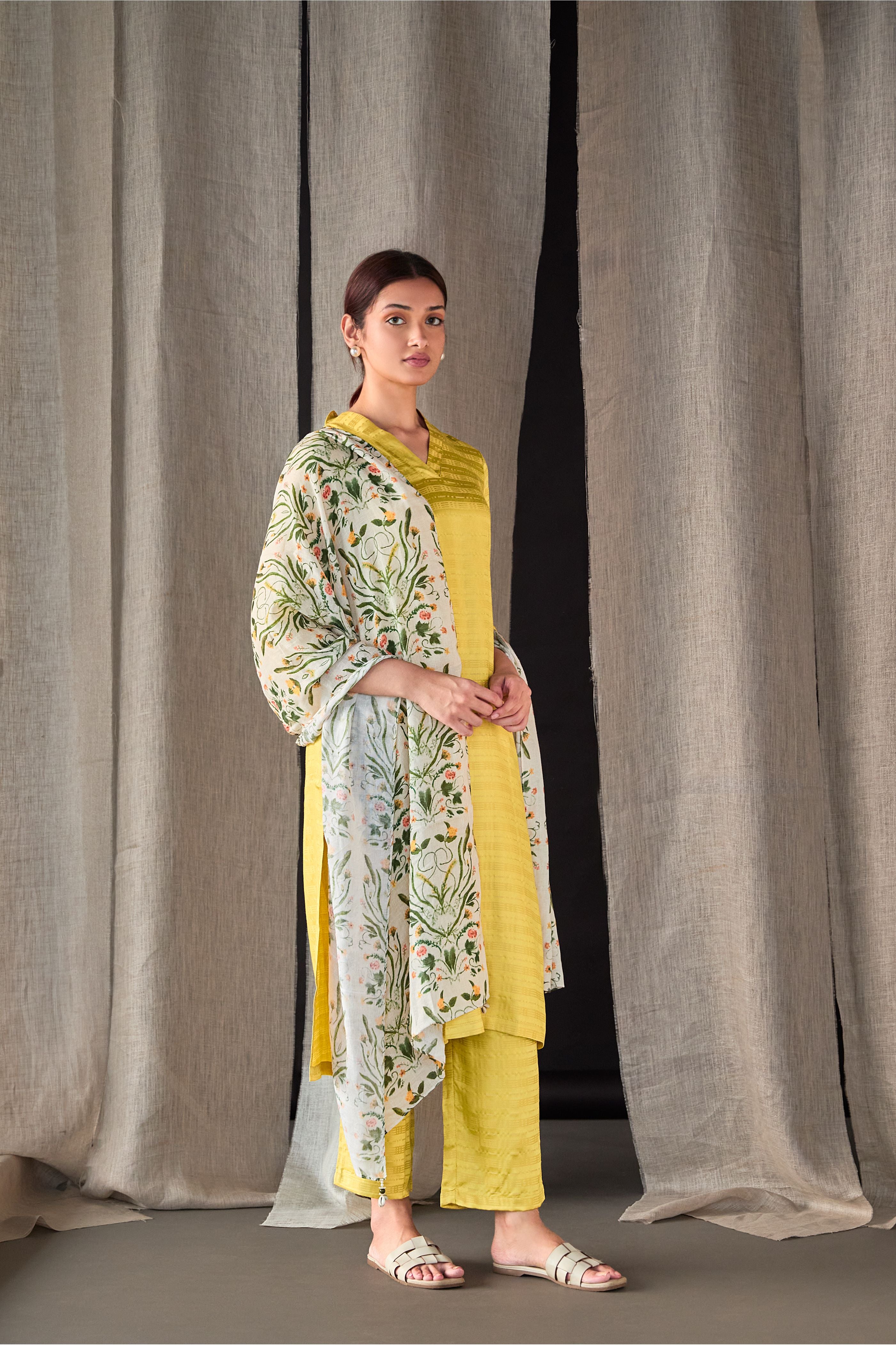 Yellow Tencel Kurta Set with Odhani - Mokshaa