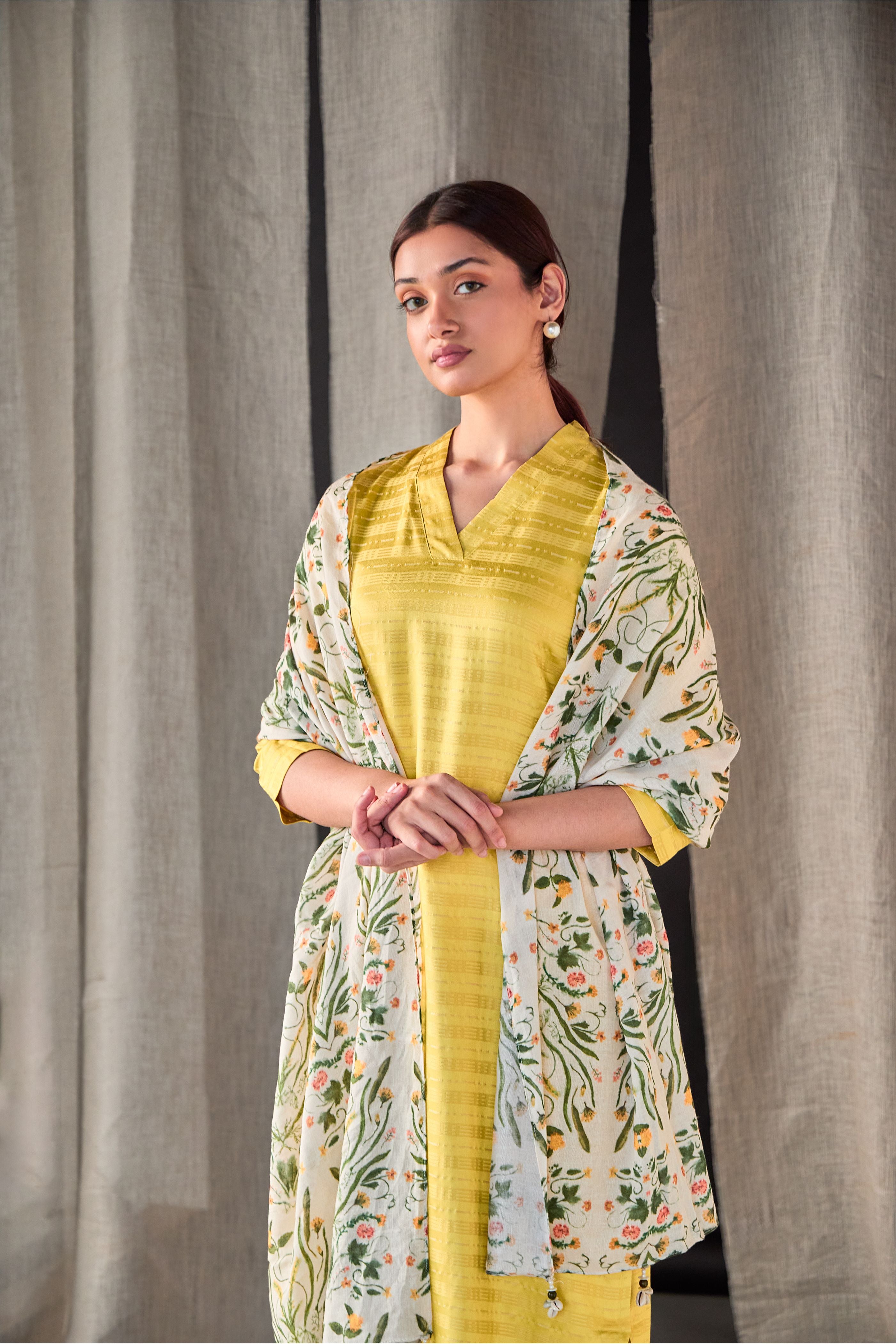 Yellow Tencel Kurta Set with Odhani - Mokshaa