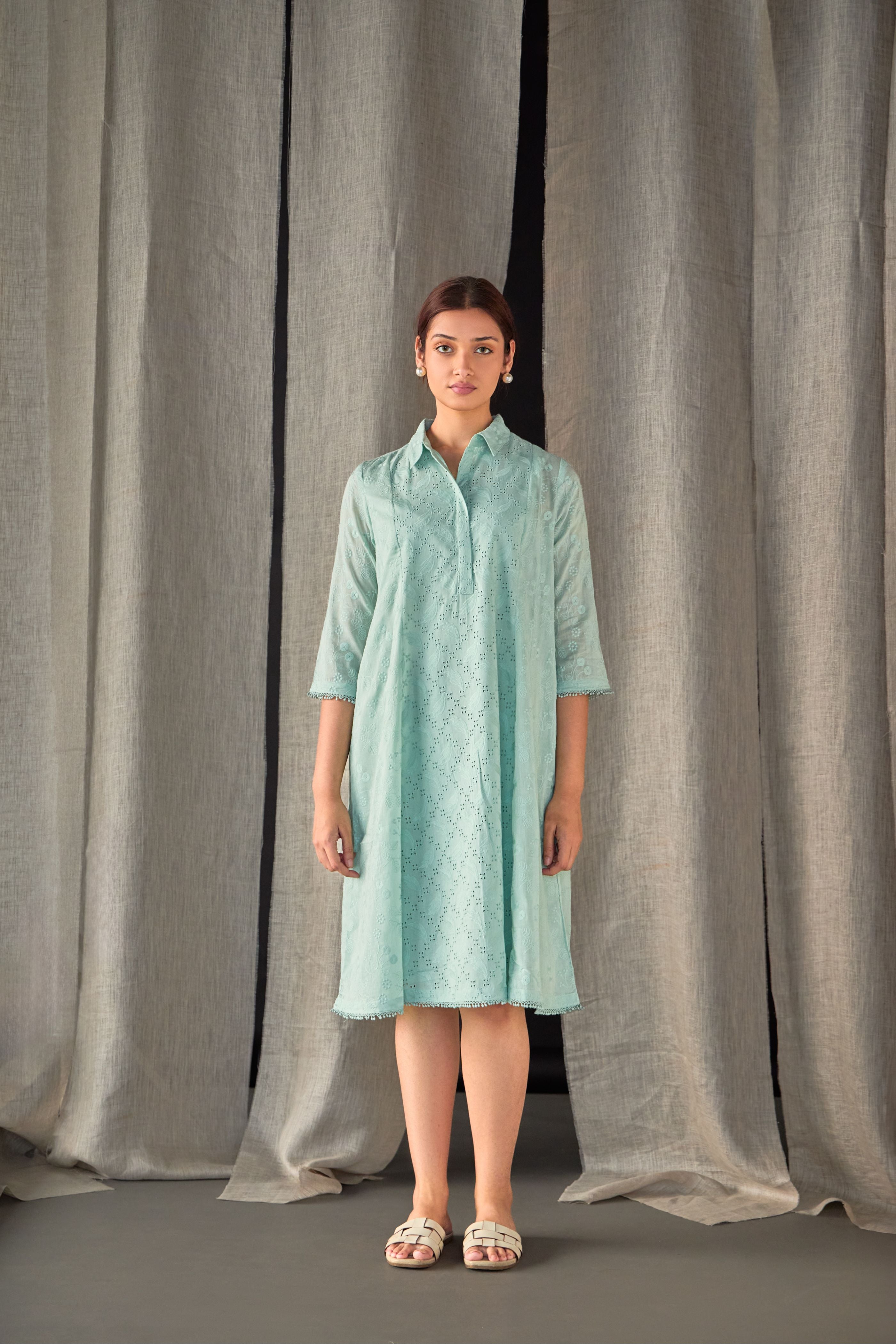 Aqua Pure Cotton Schiffli Cutwork Dress - Mokshaa