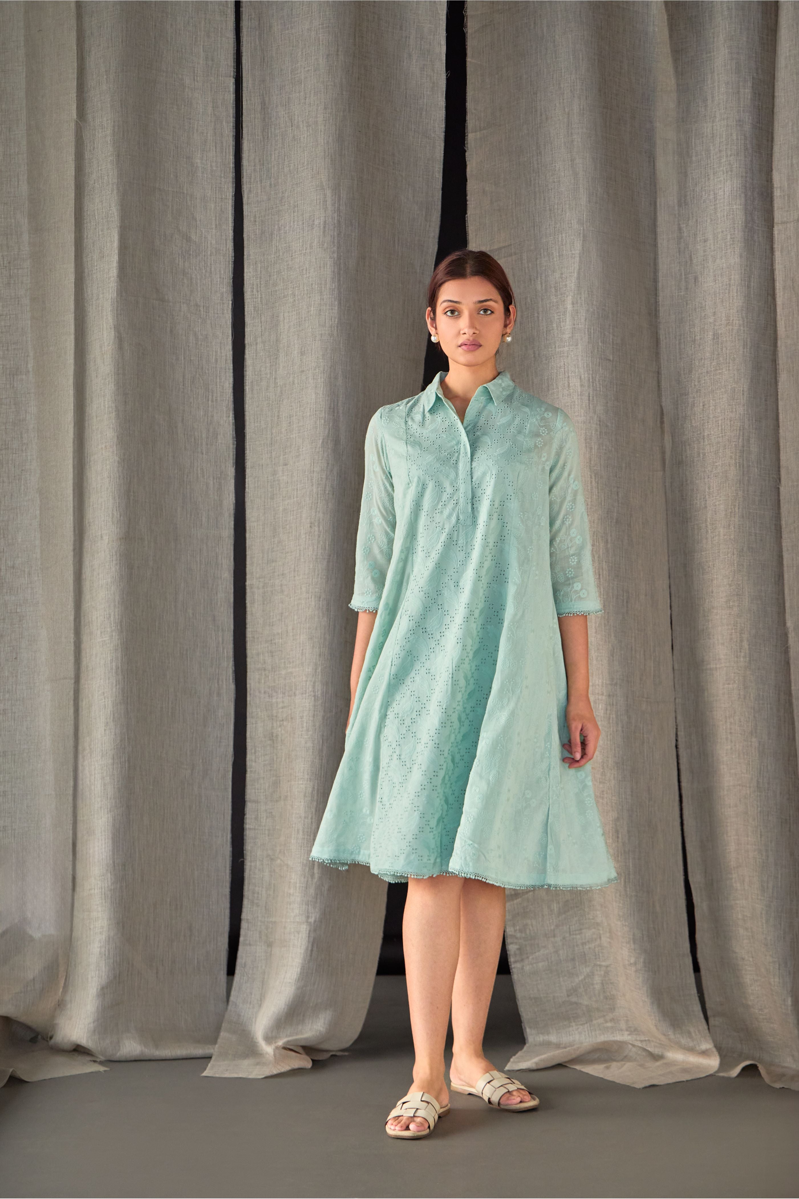 Aqua Pure Cotton Schiffli Cutwork Dress - Mokshaa