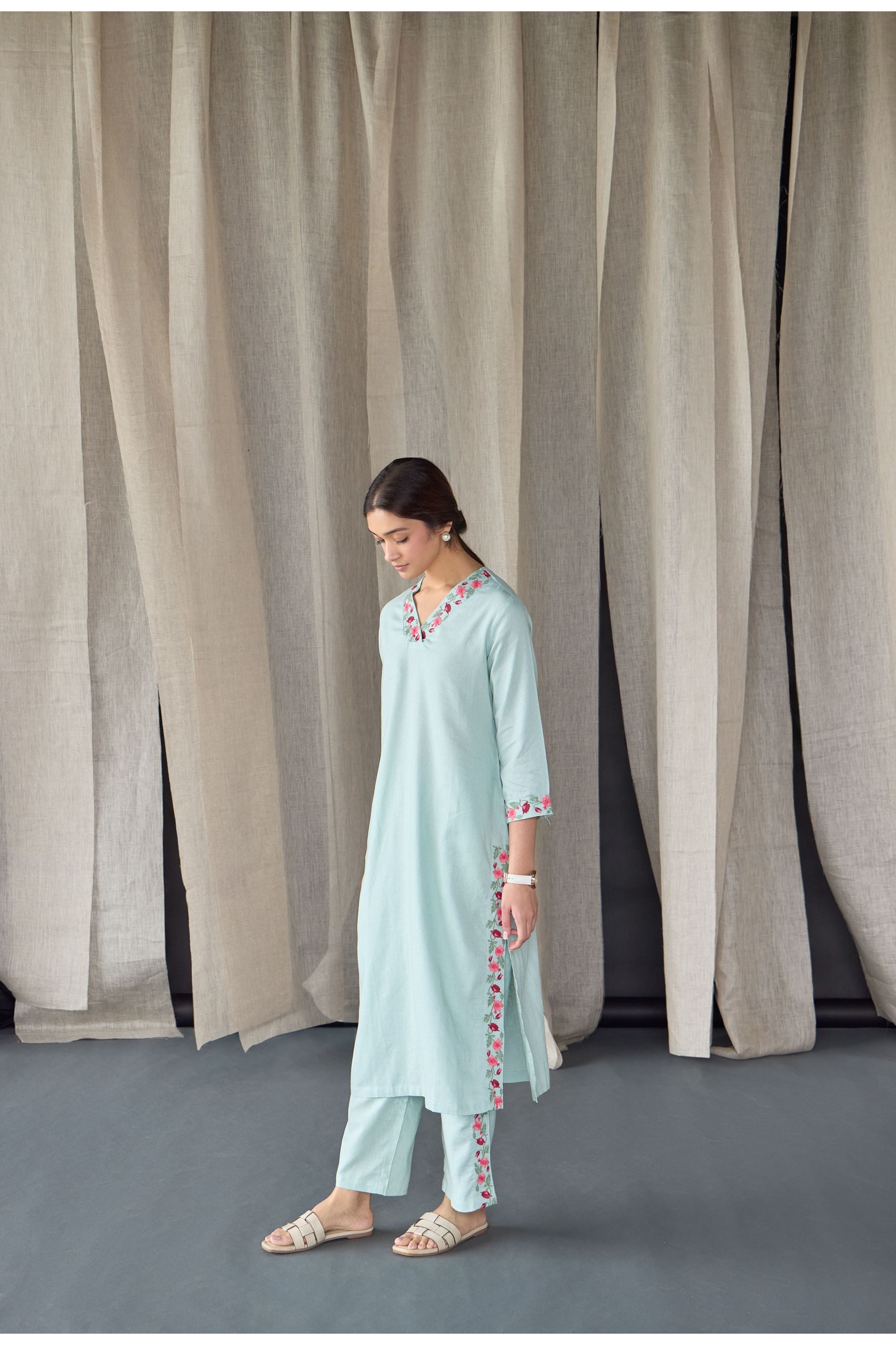 Mineral Blue Floral Embroidered Linen Kurta Set - Mokshaa