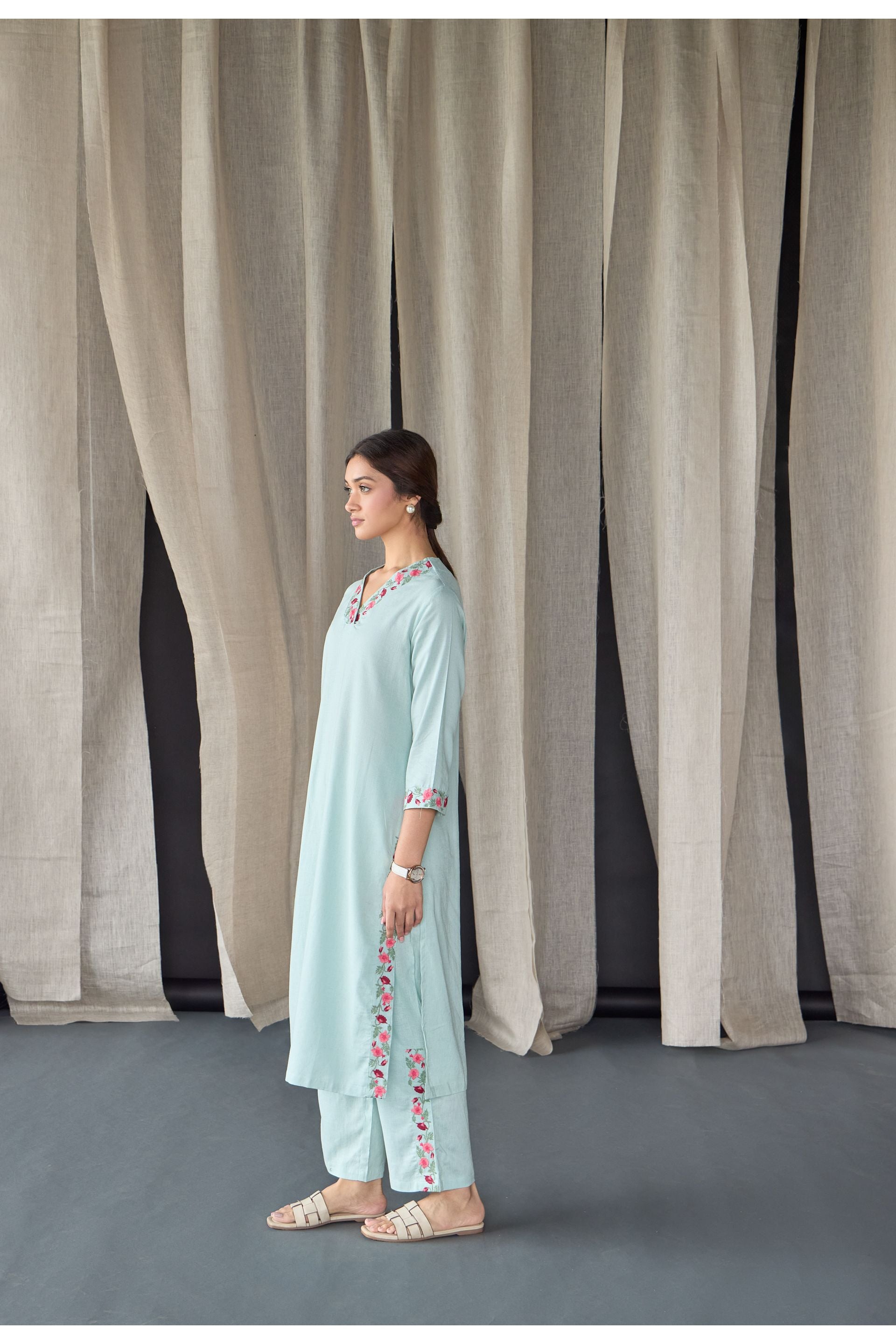 Mineral Blue Floral Embroidered Linen Kurta Set - Mokshaa