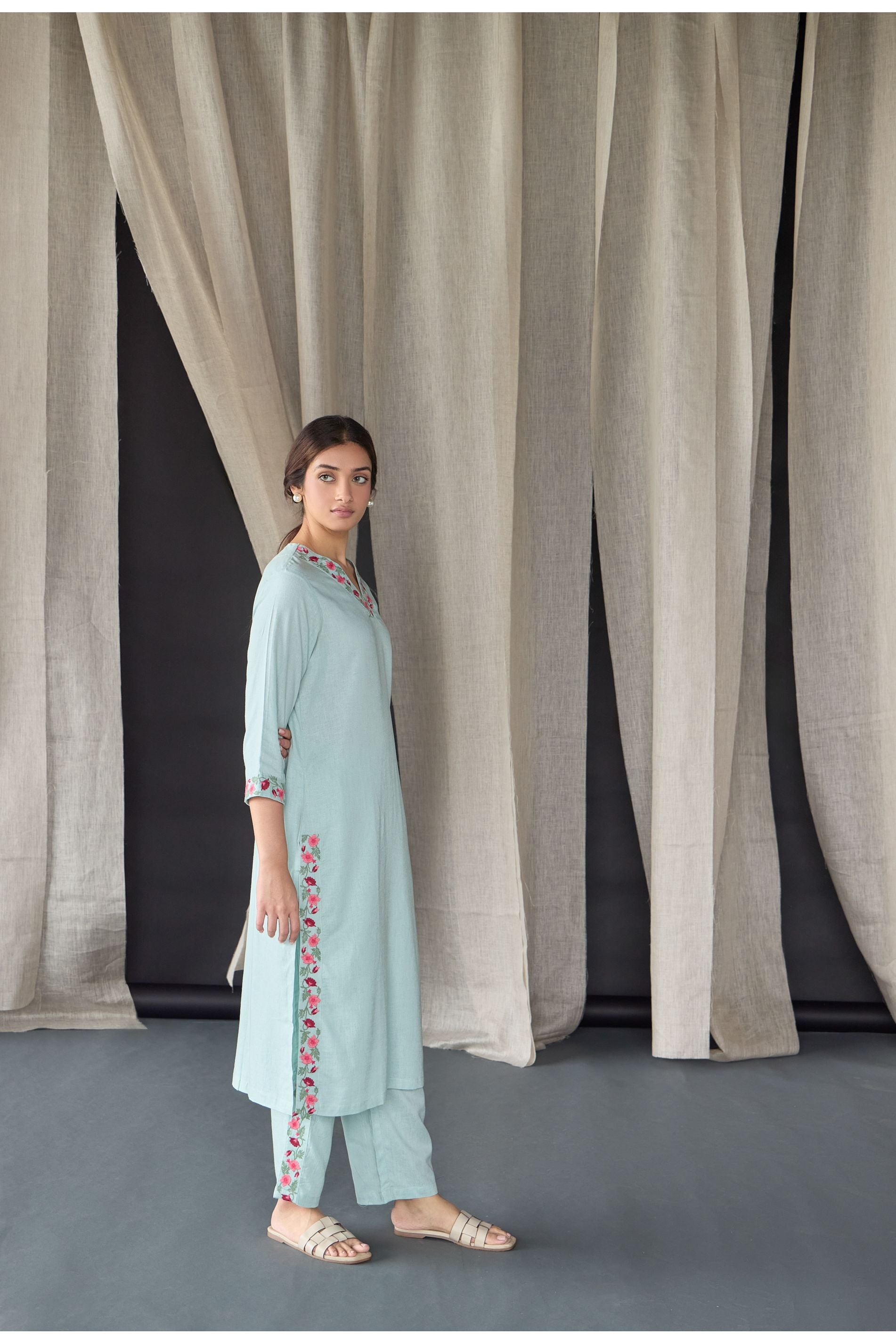 Mineral Blue Floral Embroidered Linen Kurta Set - Mokshaa