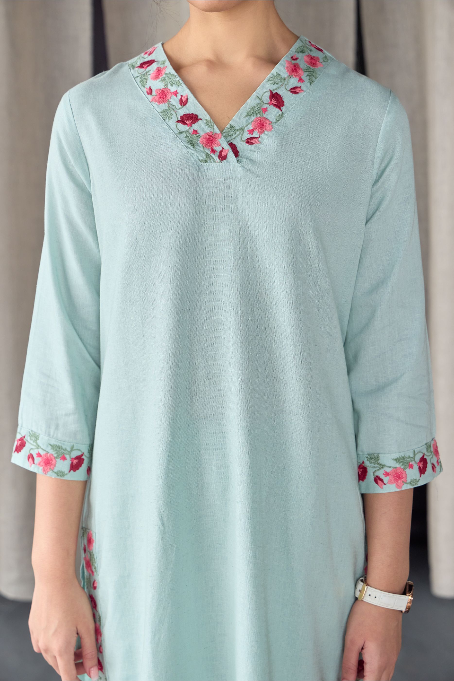 Mineral Blue Floral Embroidered Linen Kurta Set - Mokshaa