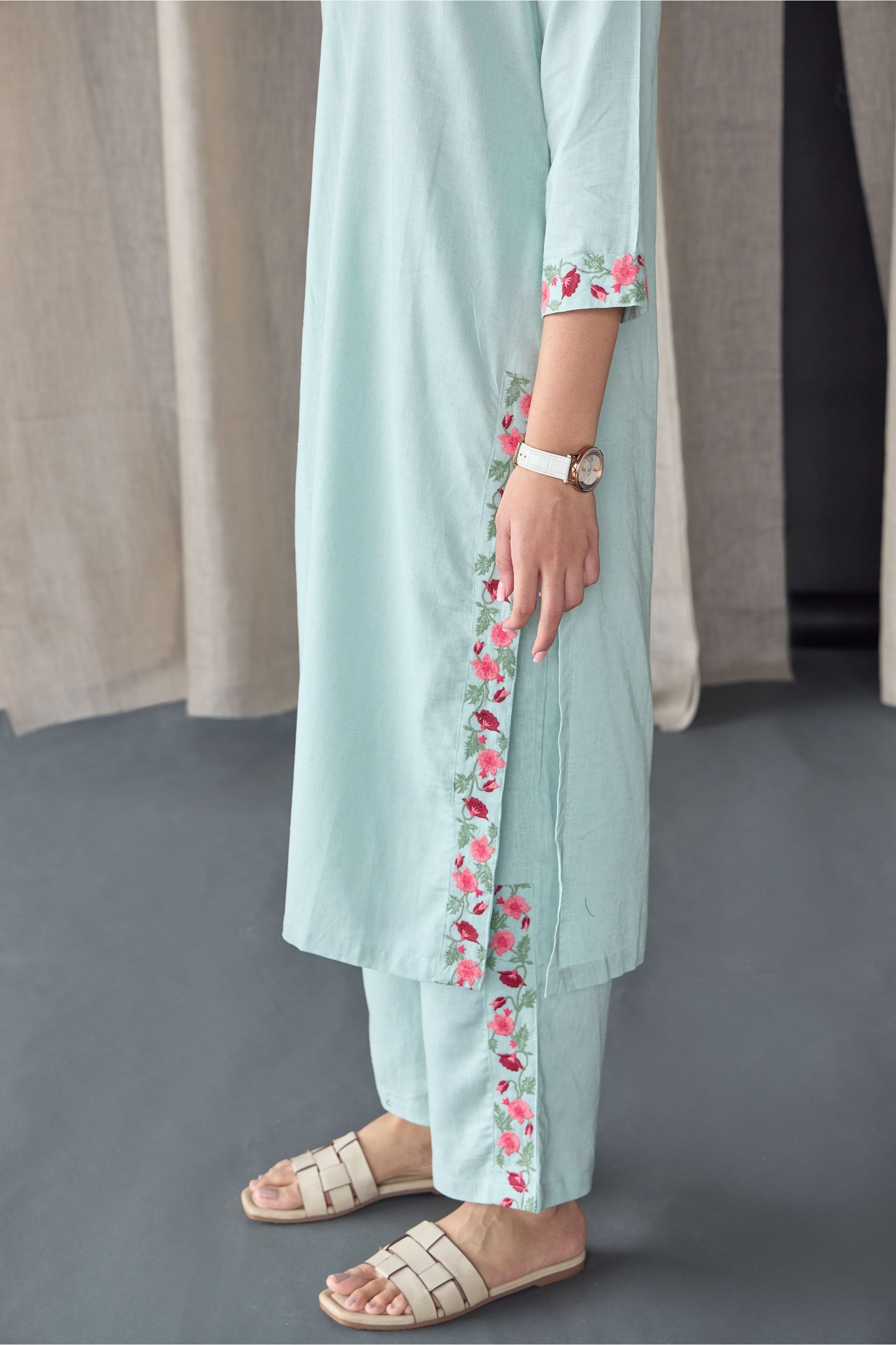 Mineral Blue Floral Embroidered Linen Kurta Set - Mokshaa
