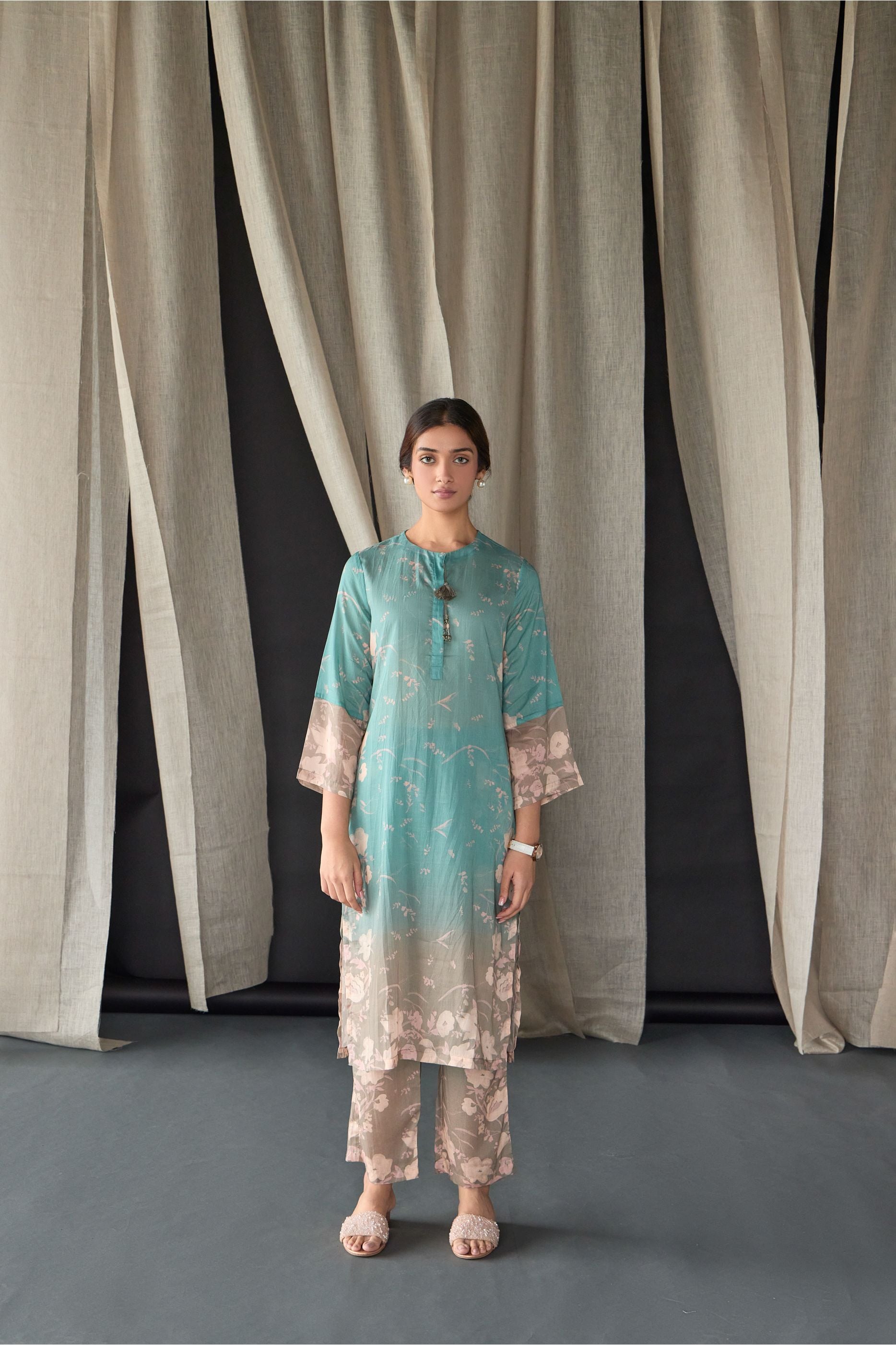 Retro Blue Floral Tencel Kurta Set - Mokshaa