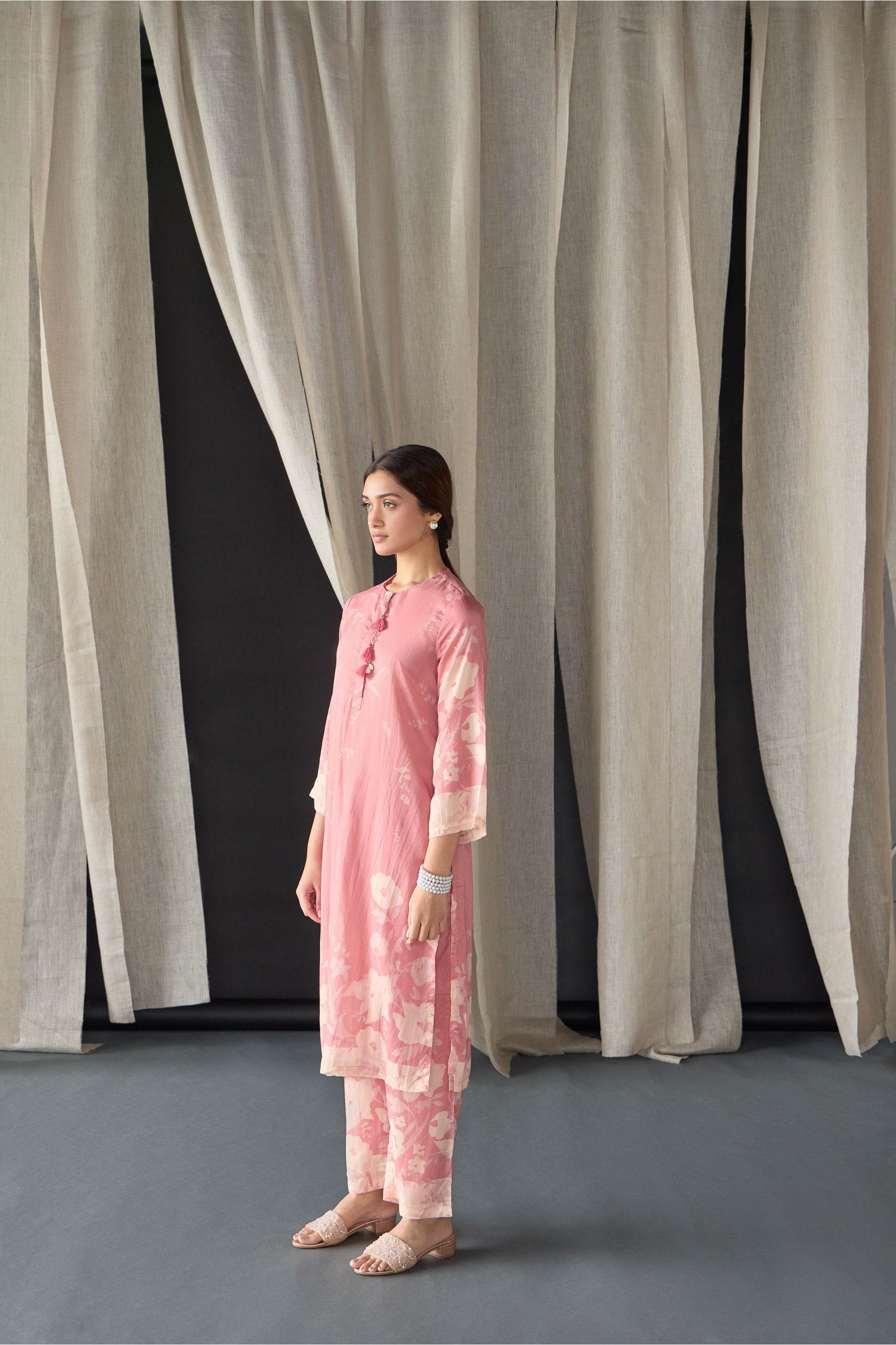 Pink Floral Tencel Kurta Set (of 2) - Mokshaa