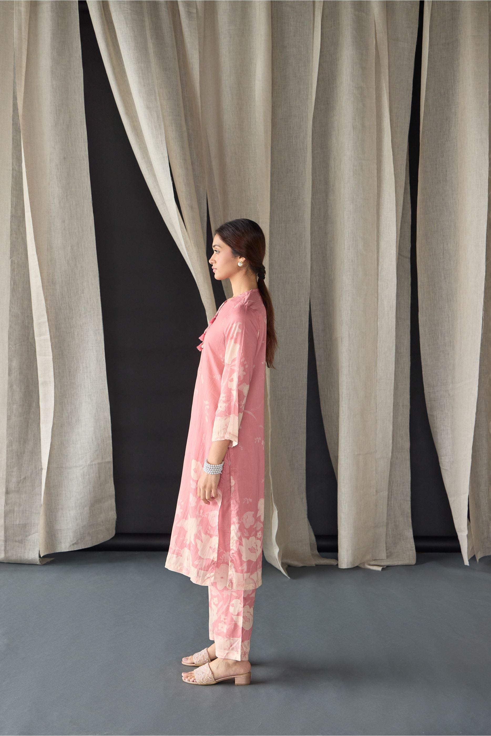 Pink Floral Tencel Kurta Set (of 2) - Mokshaa