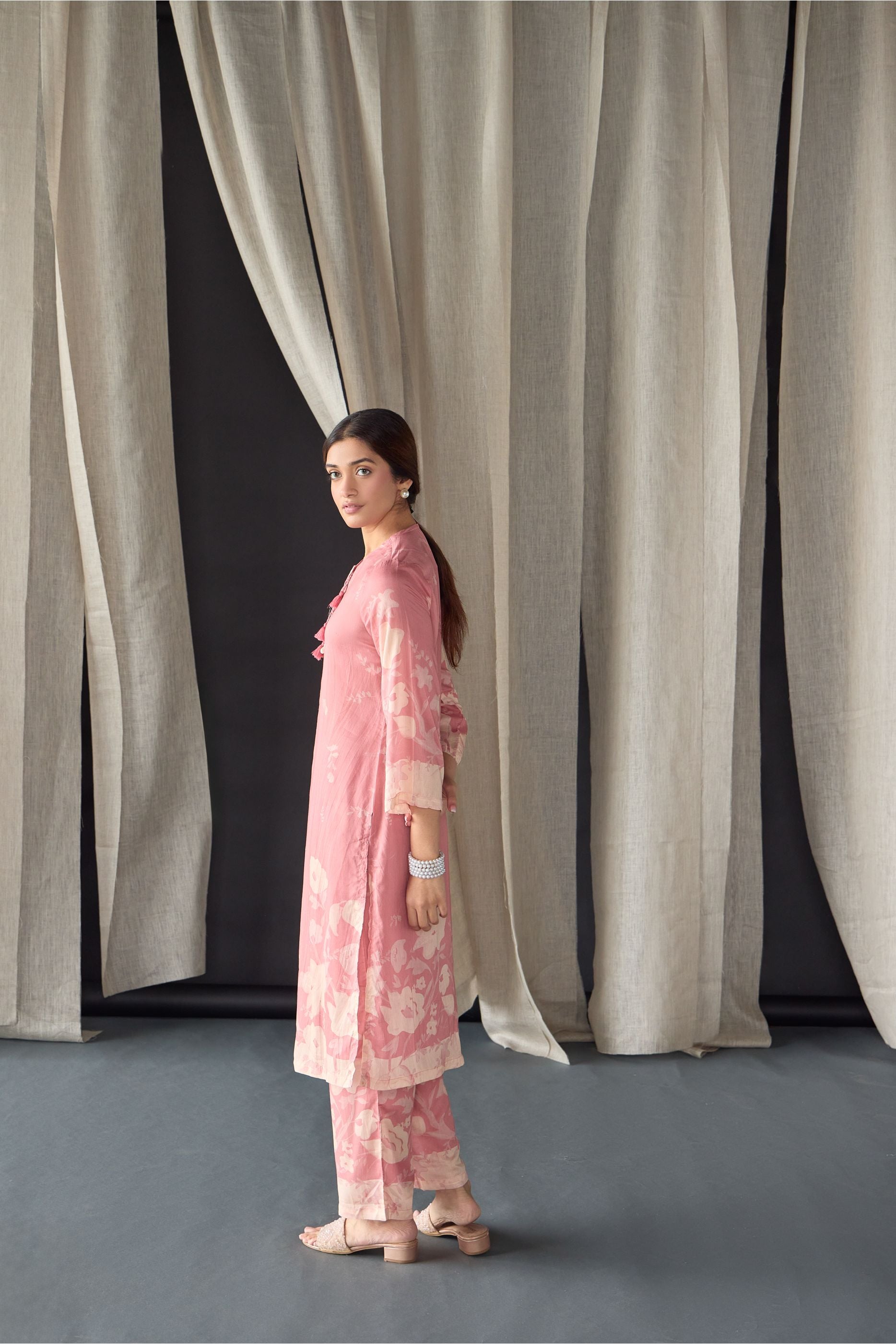 Pink Floral Tencel Kurta Set (of 2) - Mokshaa