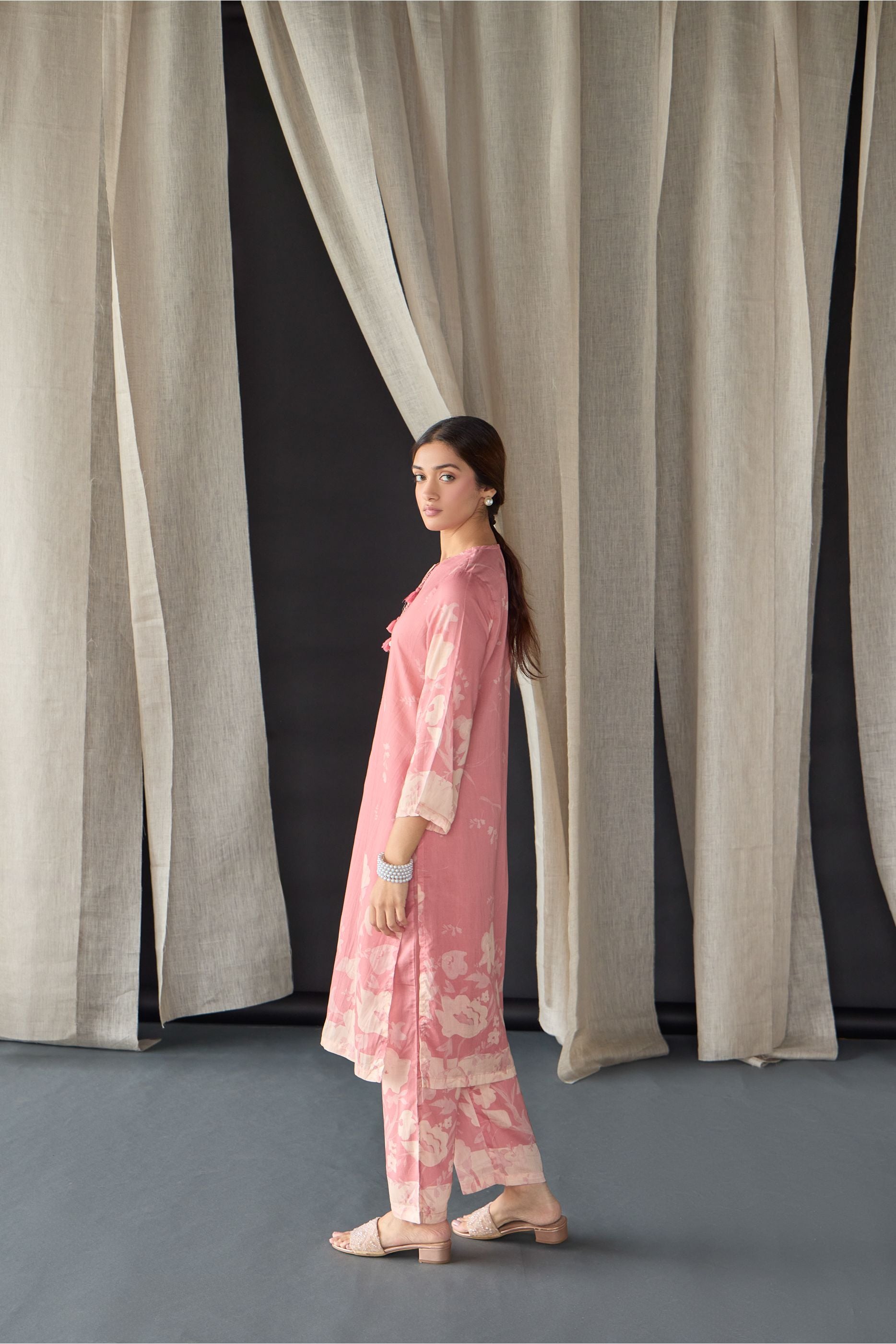 Pink Floral Tencel Kurta Set (of 2) - Mokshaa
