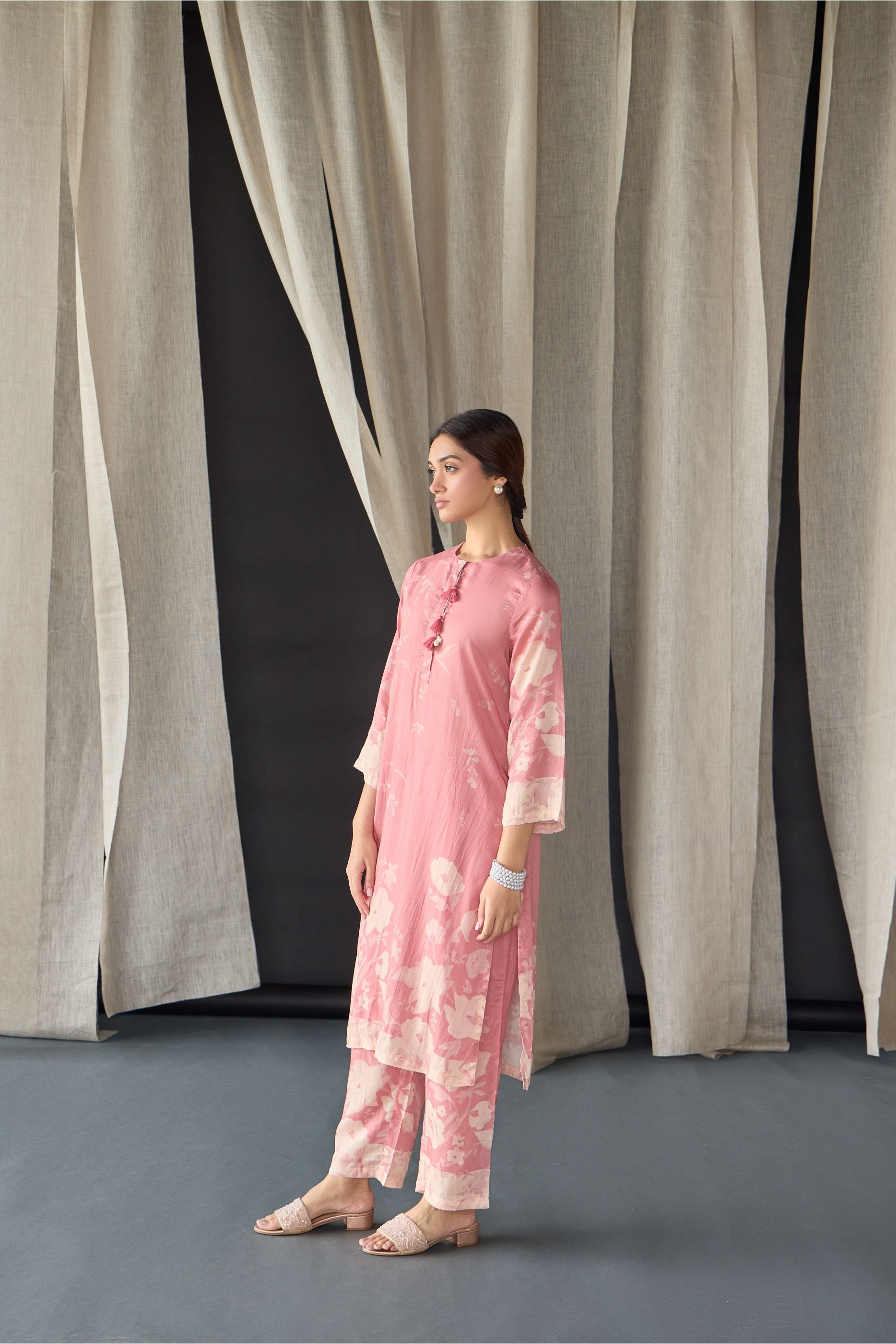 Pink Floral Tencel Kurta Set (of 2) - Mokshaa
