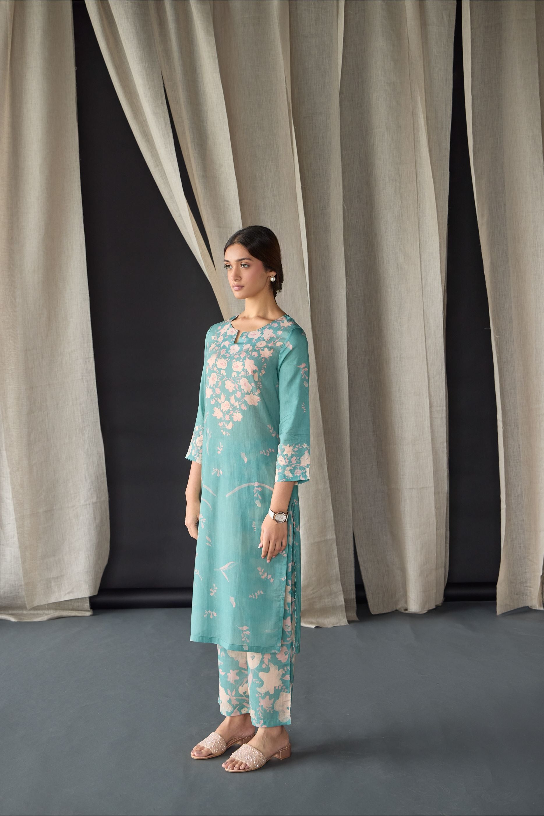 Retro Blue Floral Tencel Kurta Set (of 2) - Mokshaa