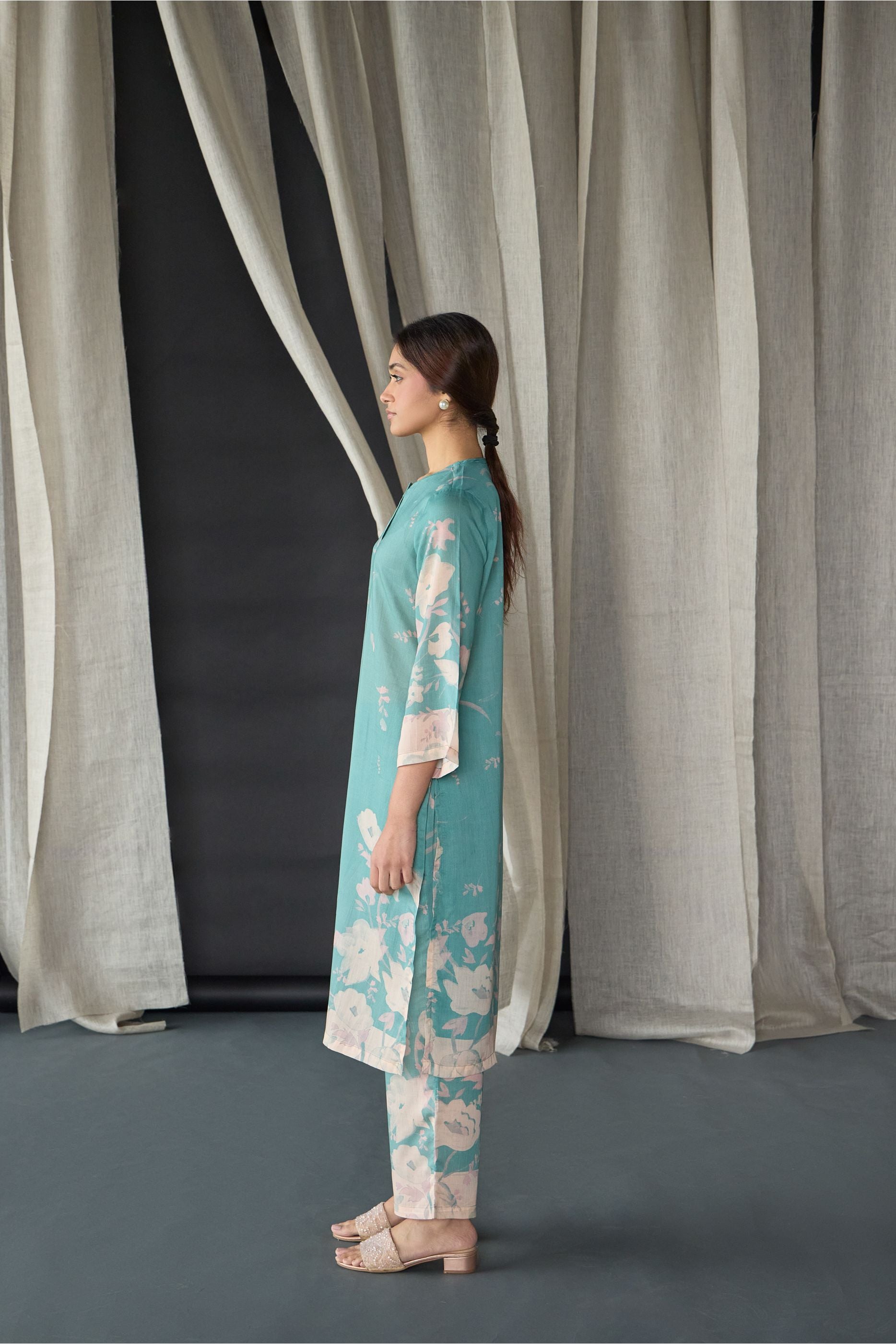 Blue Floral Tencel Kurta Set (of 2) - Mokshaa