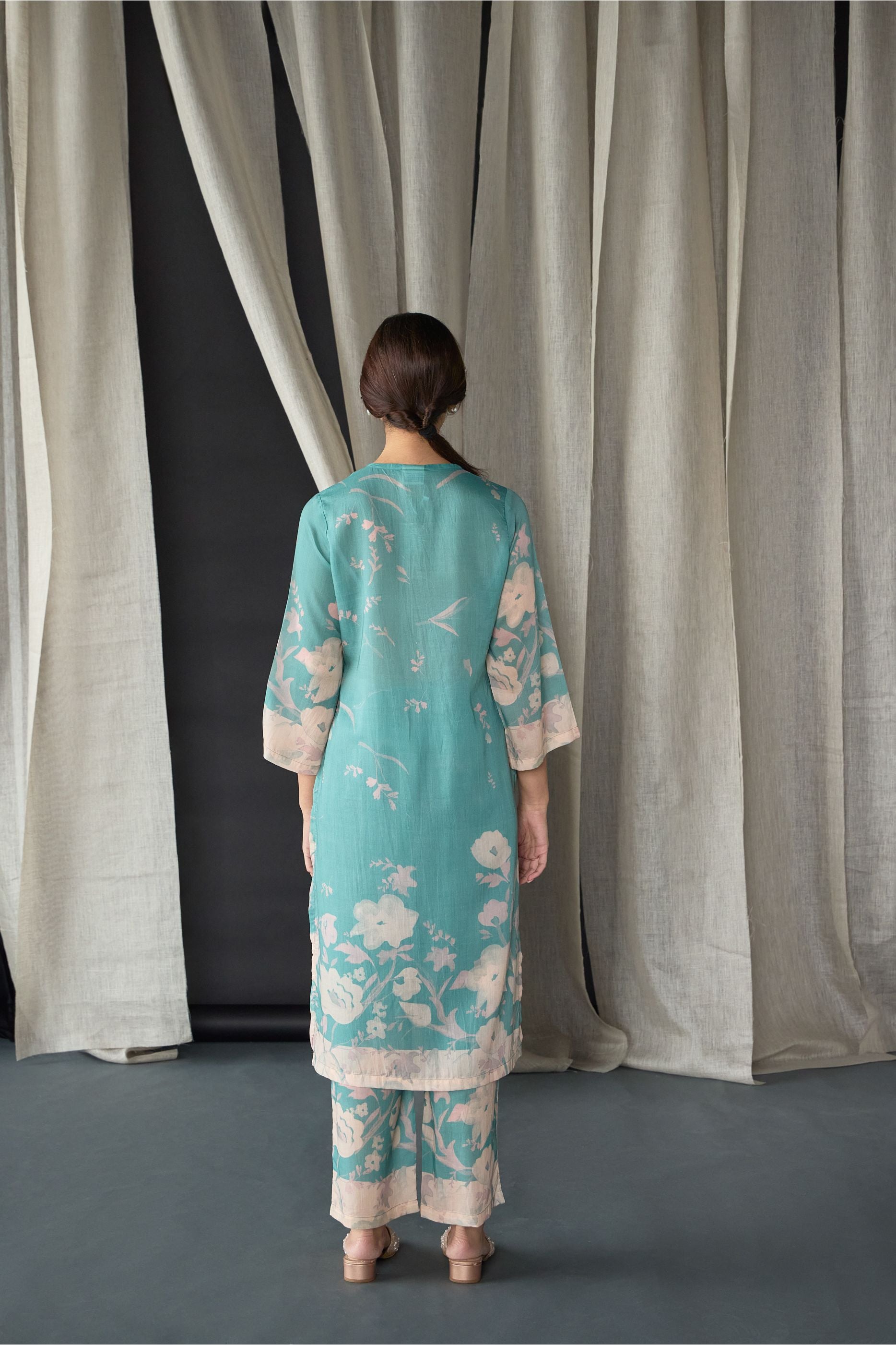 Blue Floral Tencel Kurta Set (of 2) - Mokshaa