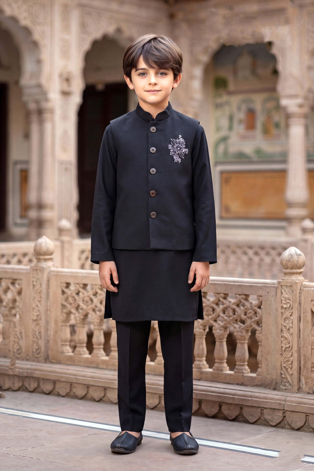 Navy Blue Embellished Indo-Western Kurta Set for Boys