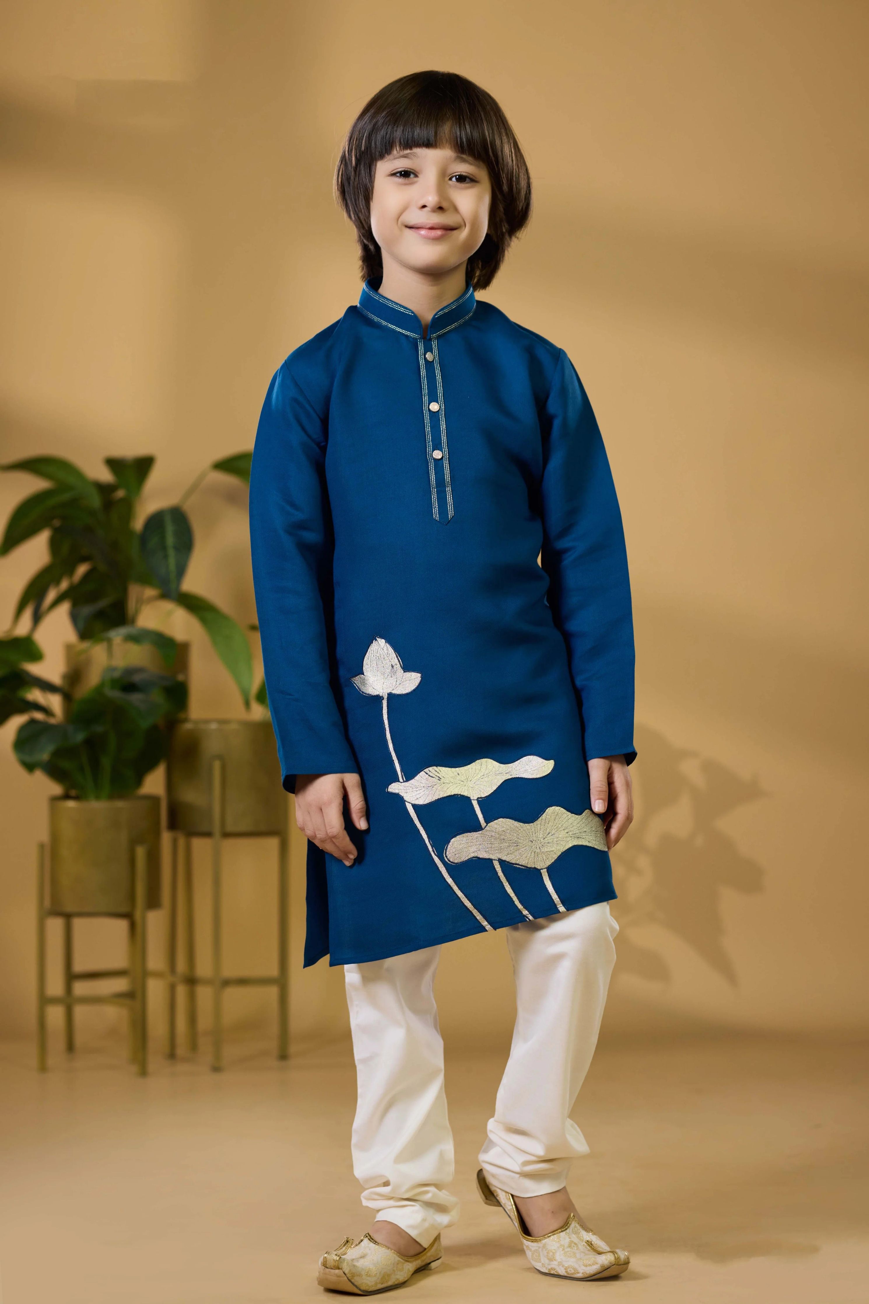 Royal Blue Boys Kurta Set with Lotus Motif Embroidery - Mokshaa