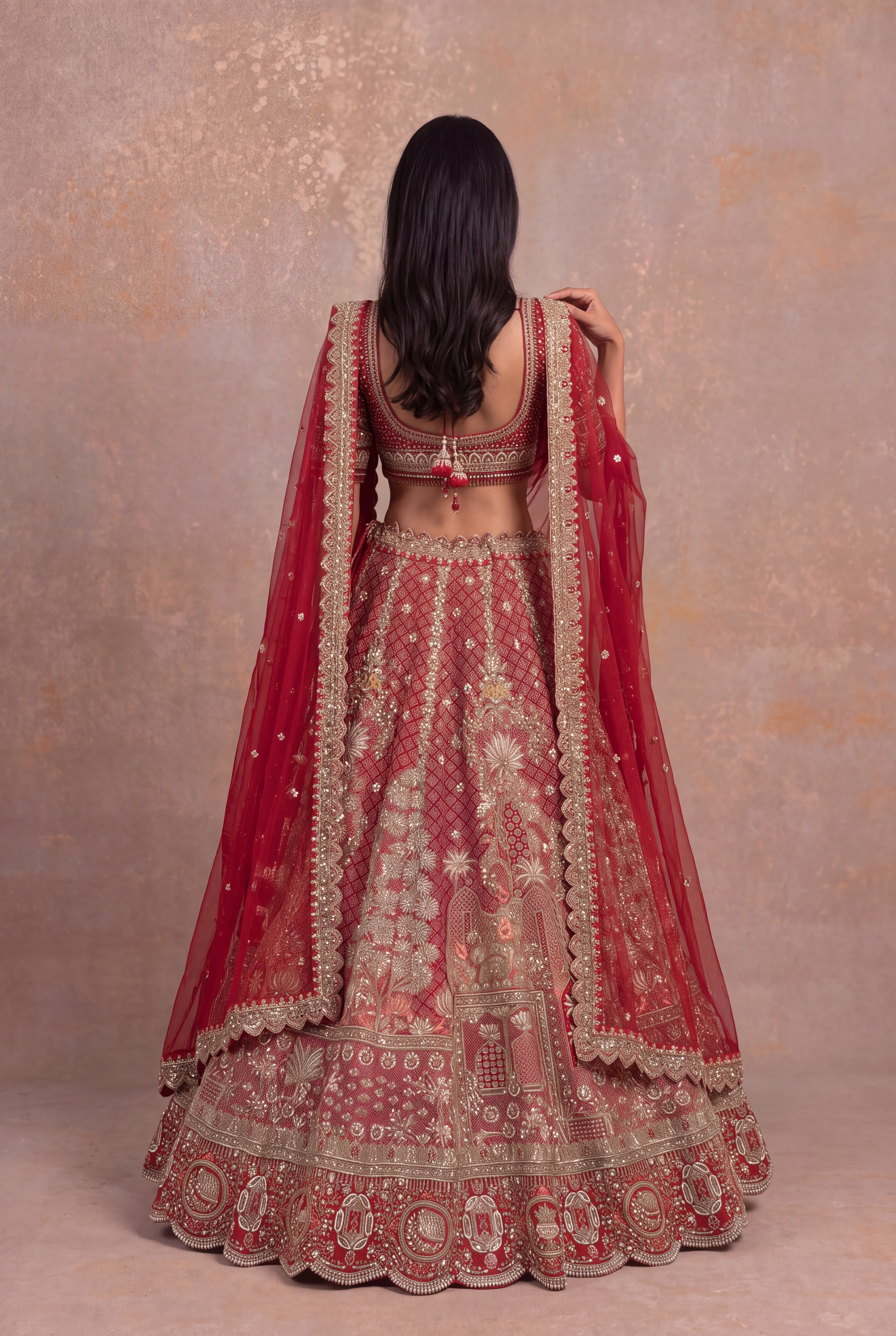Red Silk Bridal Lehenga with Zardozi Jaal & Palace Motifs