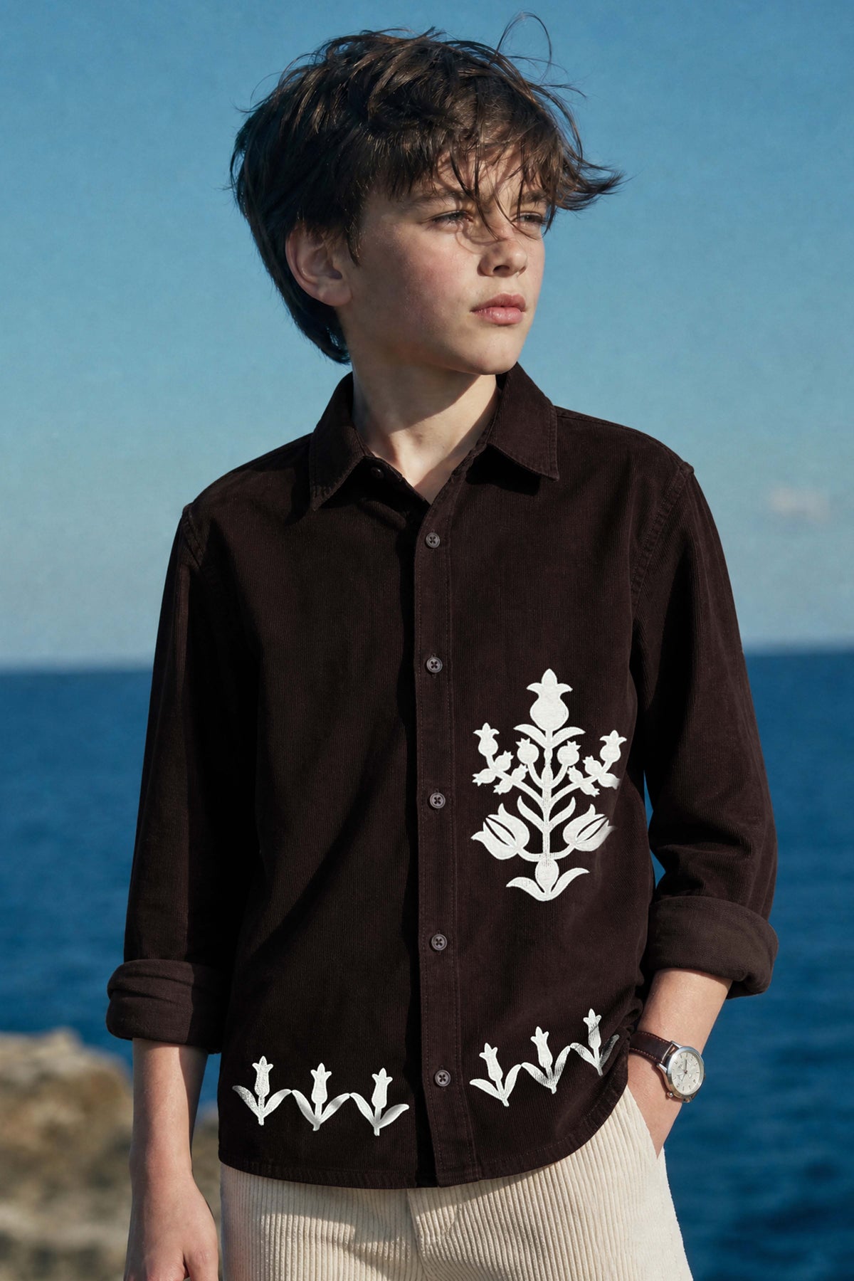 Dark Brown Floral Embroidered Boys Shirt - Mokshaa