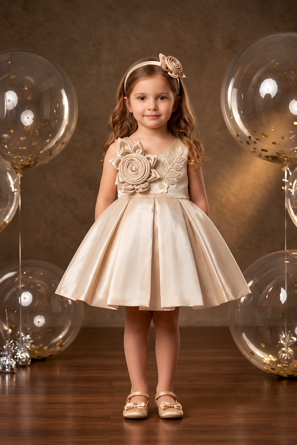 Champagne Satin Floral Embellished Party Frock for Girls - Mokshaa