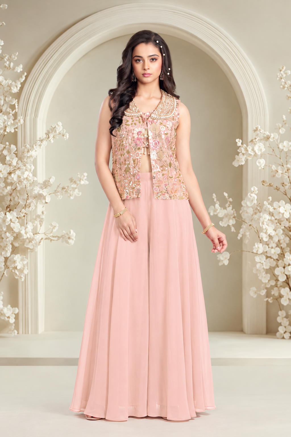 Blush Pink Embroidered Jacket Girls Palazzo Set - Mokshaa