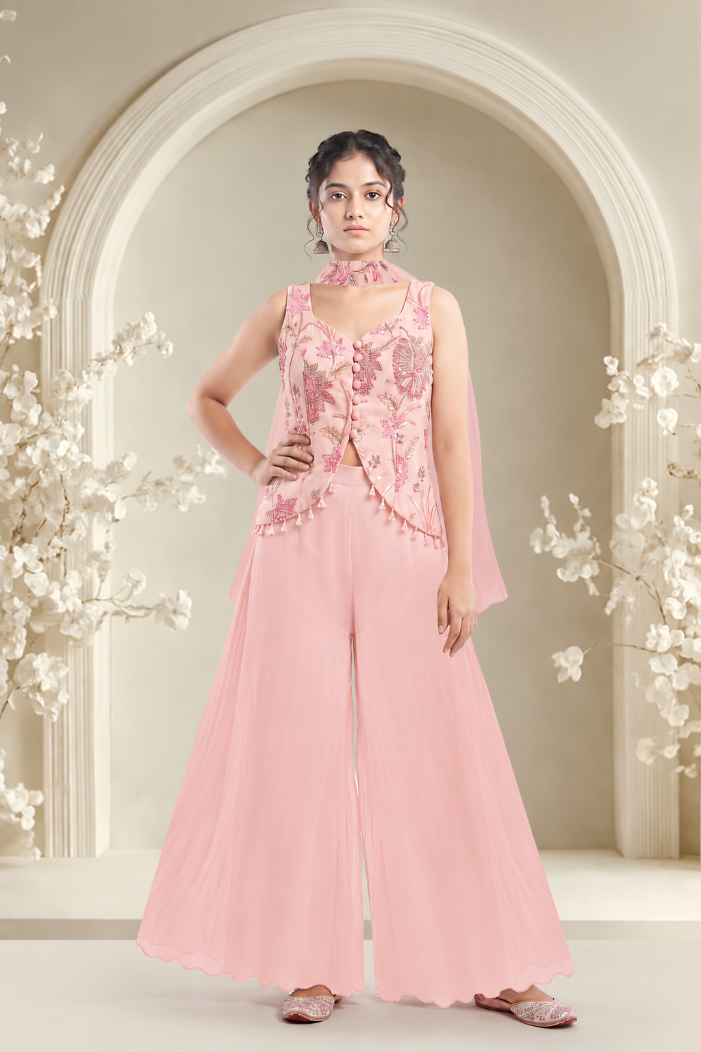 Blush Pink Embroidered Girls Palazzo Set - Mokshaa
