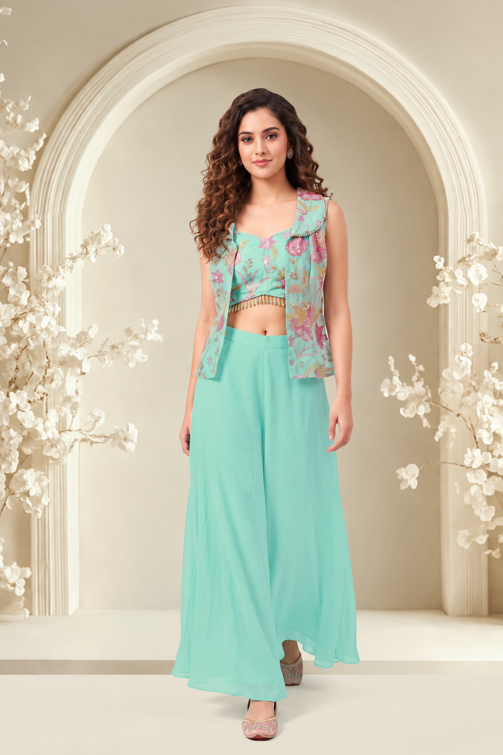 Aqua Blue Floral Jacket Girls Palazzo Set - Mokshaa