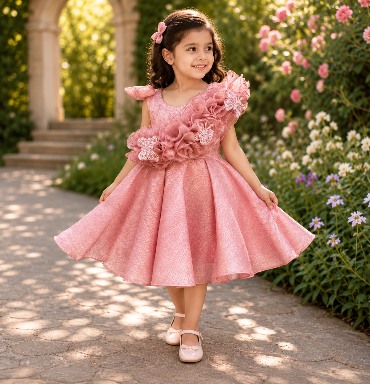 Dusty Pink Shimmer 3D Ruffle Girls Party Wear Frock - Mokshaa