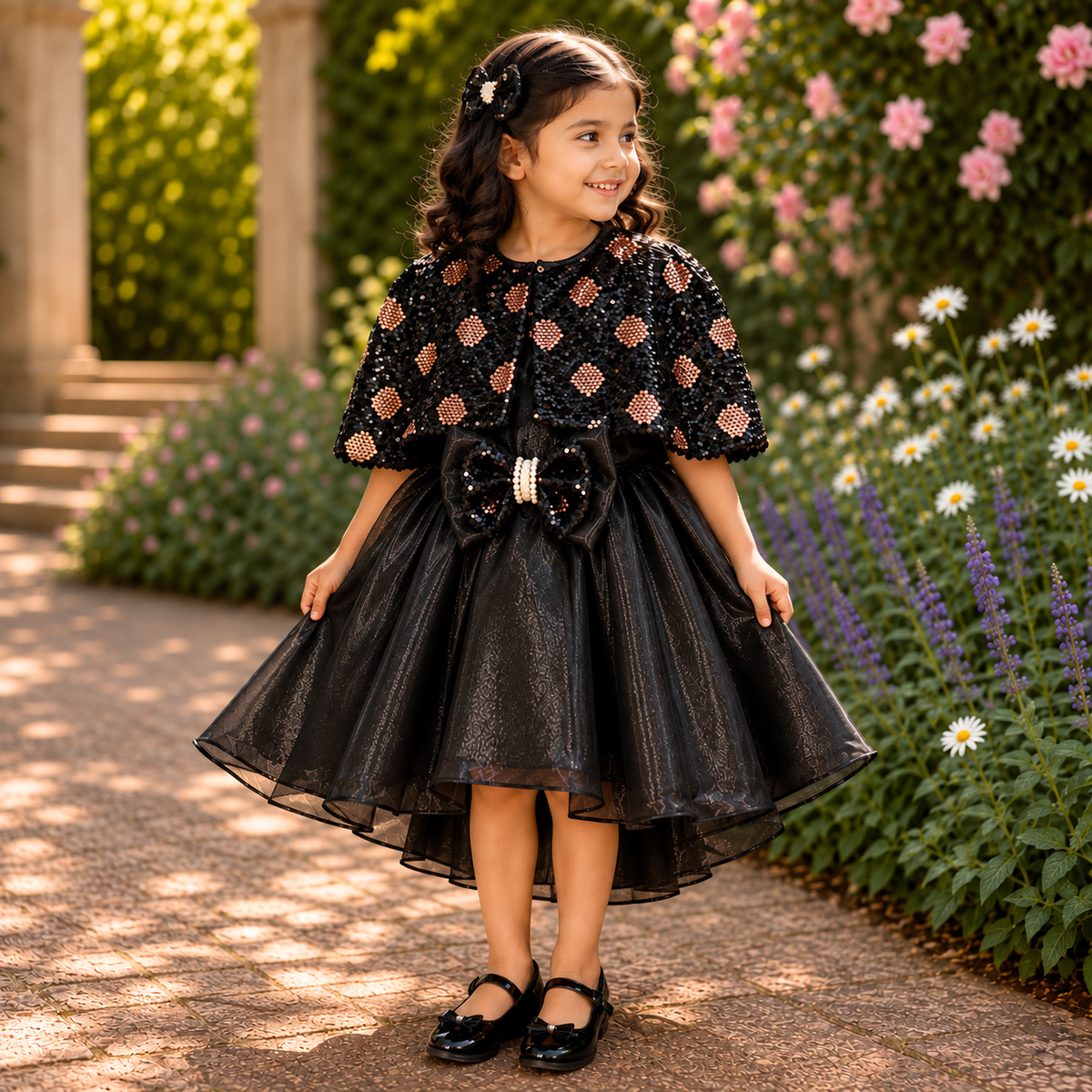 Black Sequin Cape Girls Party Wear Frock - Mokshaa