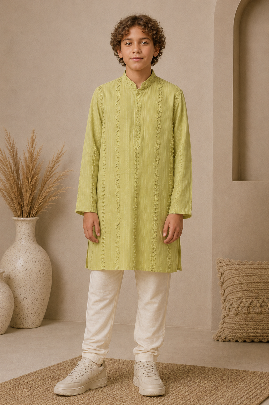 Lime Green Embroidered Kurta Pyjama Set - Mokshaa