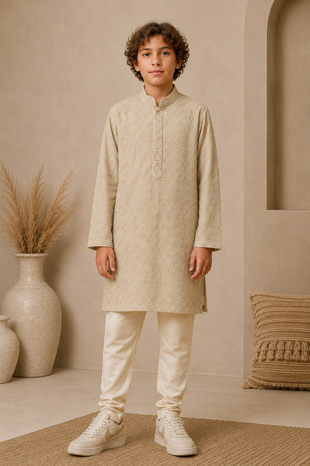 Beige Embroidered Kurta Pyjama Set - Mokshaa