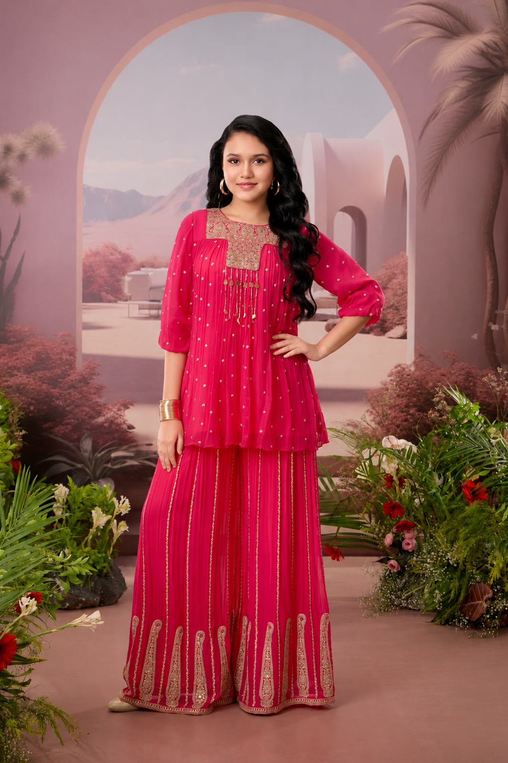 Pink Georgette Peplum Sharara Set - Mokshaa