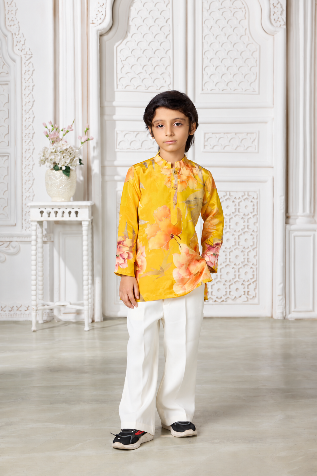 Yellow Floral Crepe Kurta Pyjama Set - Mokshaa