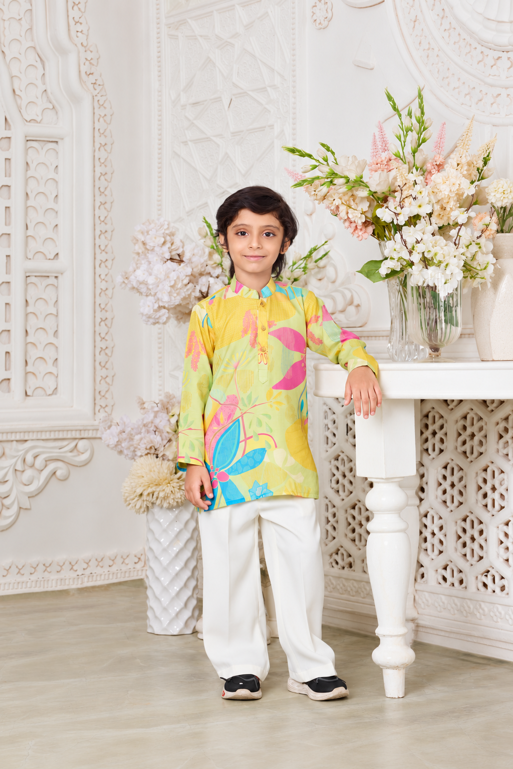Yellow Multicolor Floral Print Kurta Pyjama Set - Mokshaa