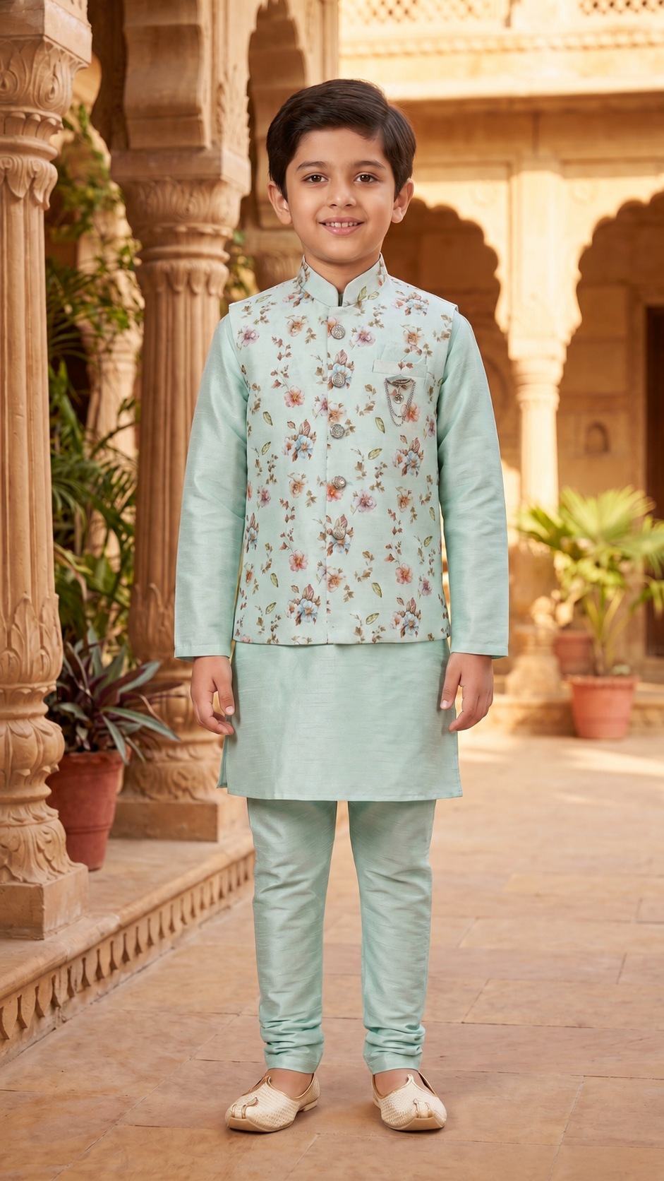 Mint Green Floral Print Bandi Kurta Pyjama Set - Mokshaa