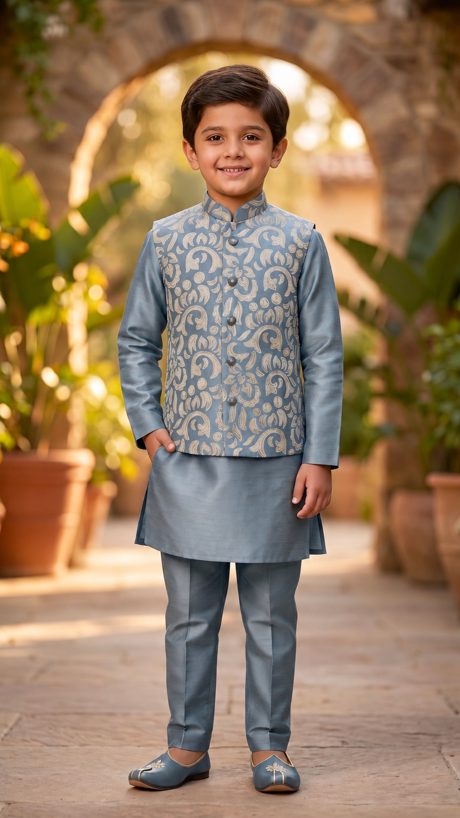 Blue Printed Bandi Kurta Pyjama Set - Mokshaa