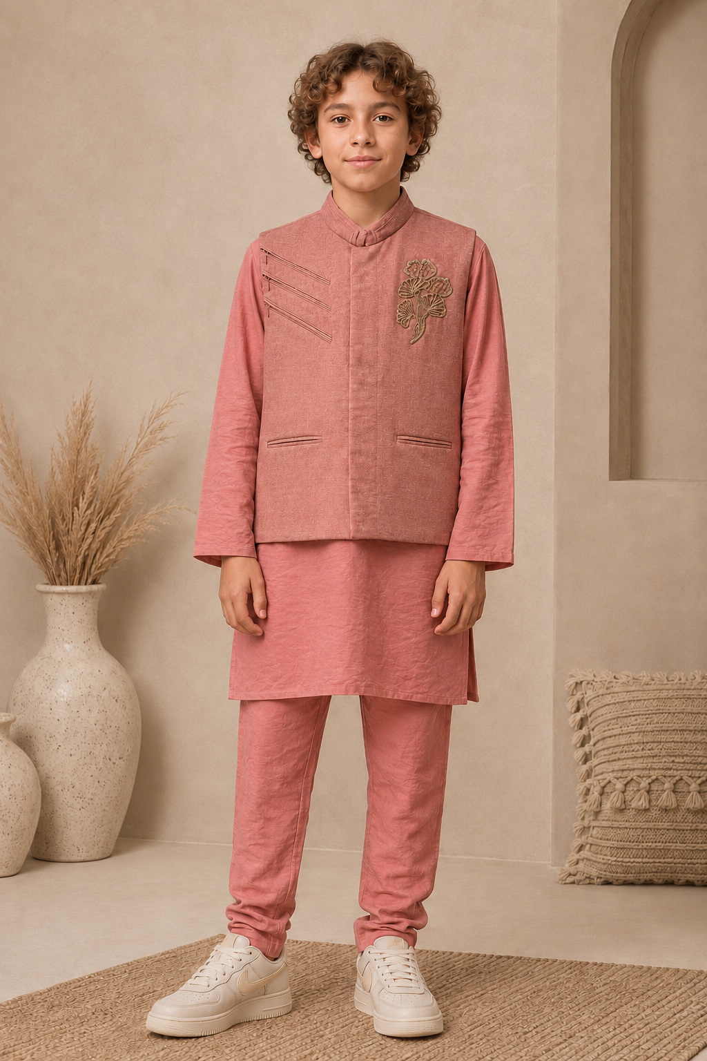 Rust Pink Embroidered Bandi Kurta Pyjama Set - Mokshaa