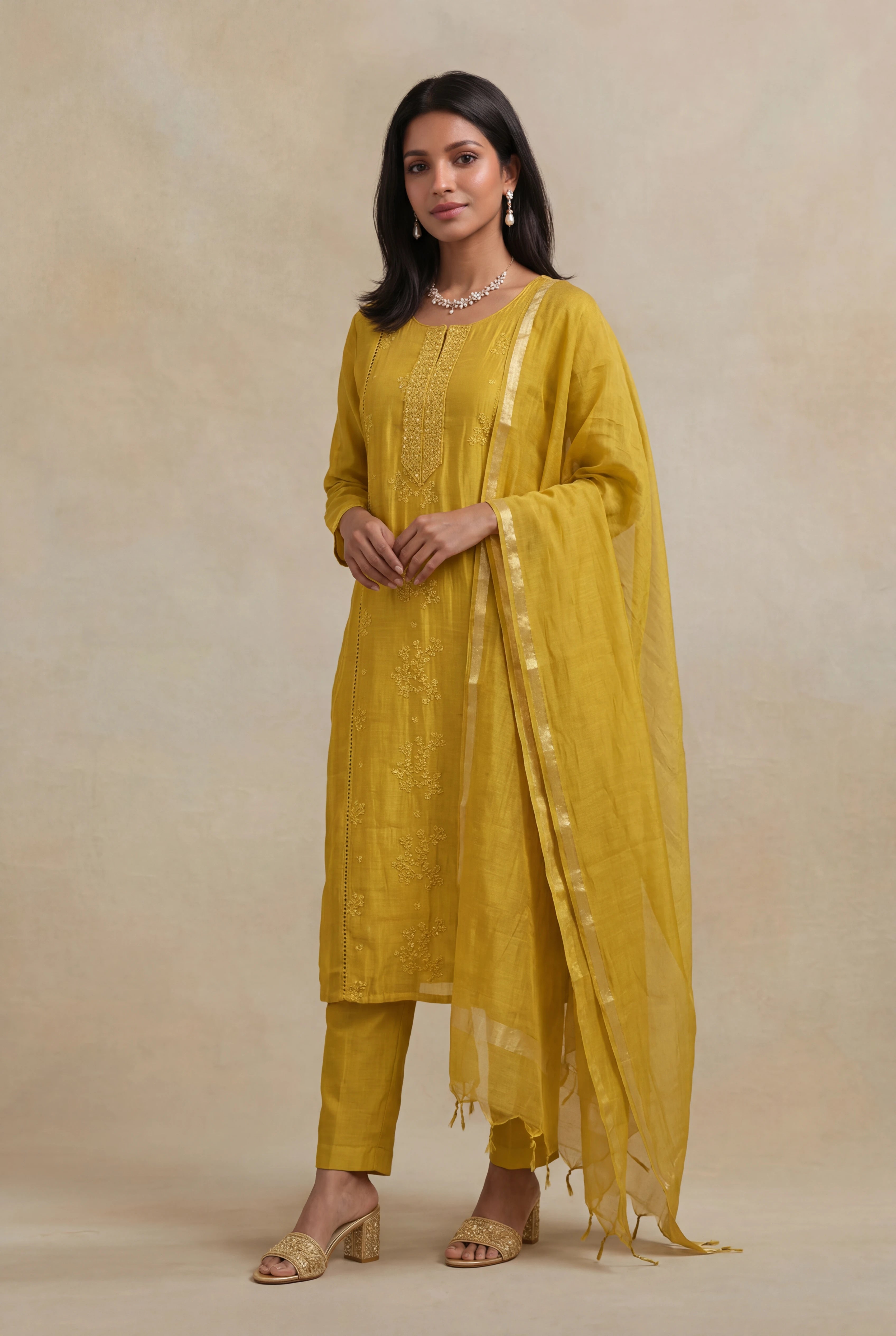 Mustard Yellow Mulmul Cotton Straight Cut Salwar Set