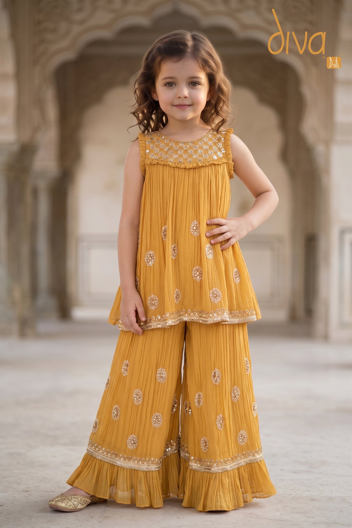 Mustard Yellow Festive Palazzo Set for Girls